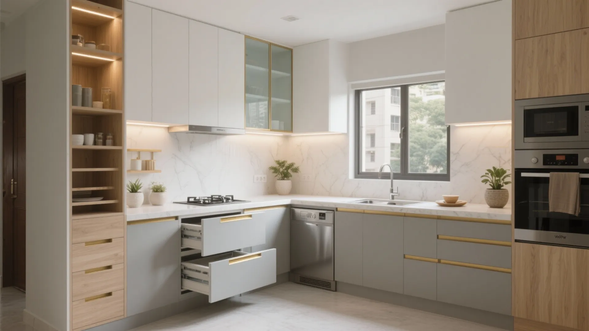 Minimalist kitchen storage with L-shaped efficiency