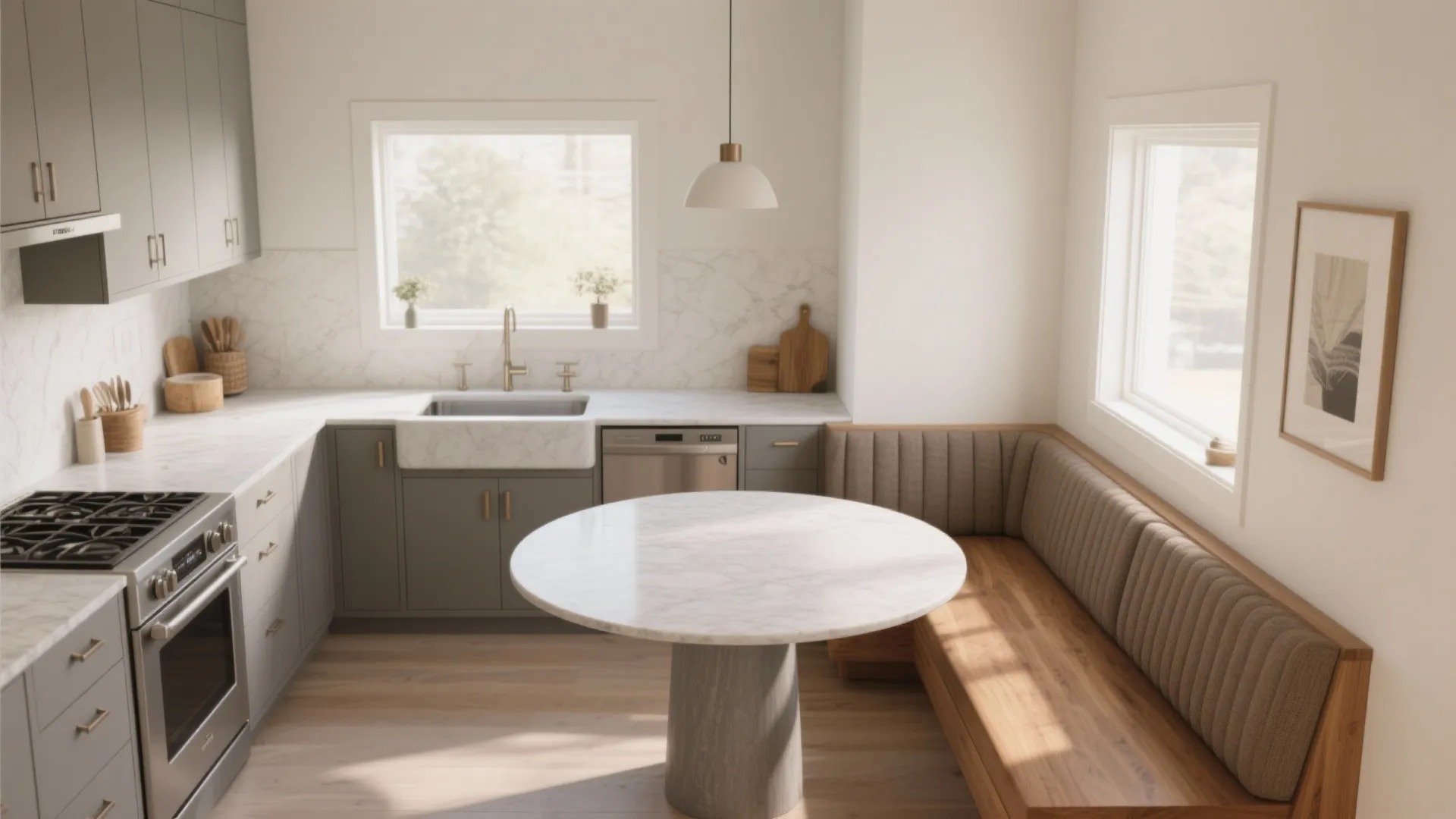 L-shaped kitchen with banquette dining