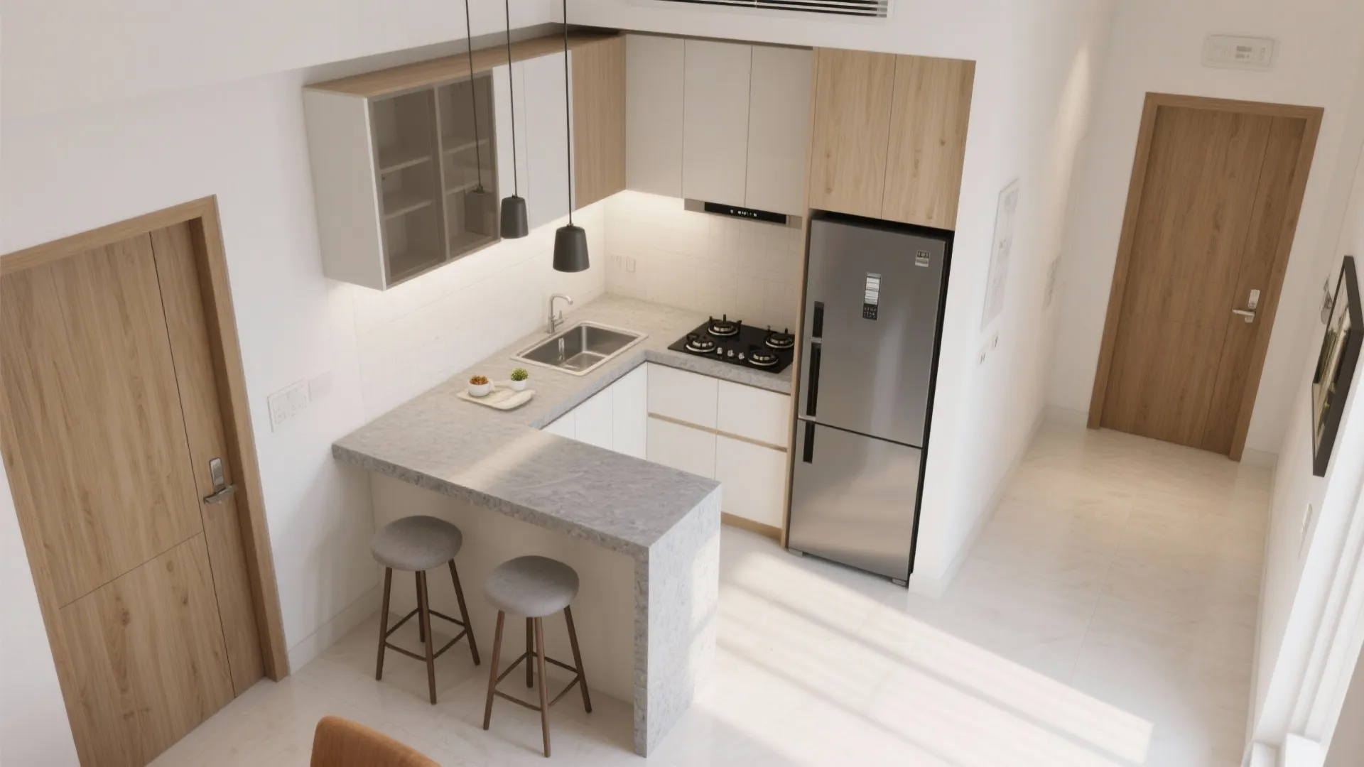 L-Shaped Kitchen with a Breakfast Bar to Ease Hall Traffic
