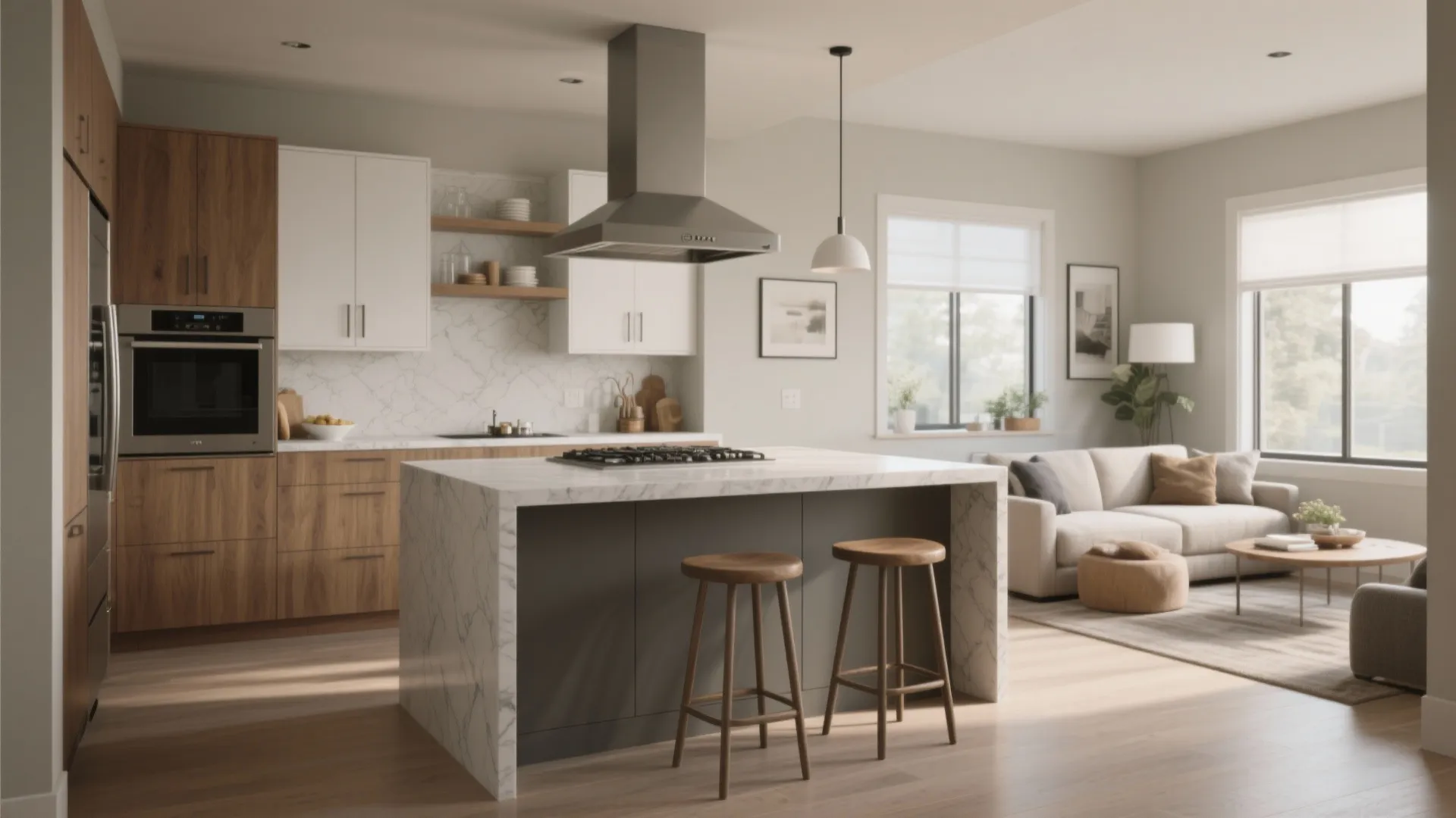Open L-shaped kitchen with a smart breakfast bar
