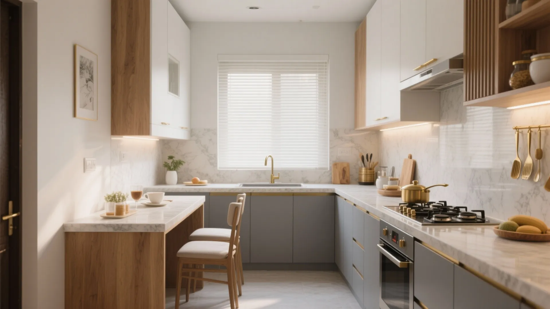 1) L-shaped kitchen flow with a breezy breakfast counter