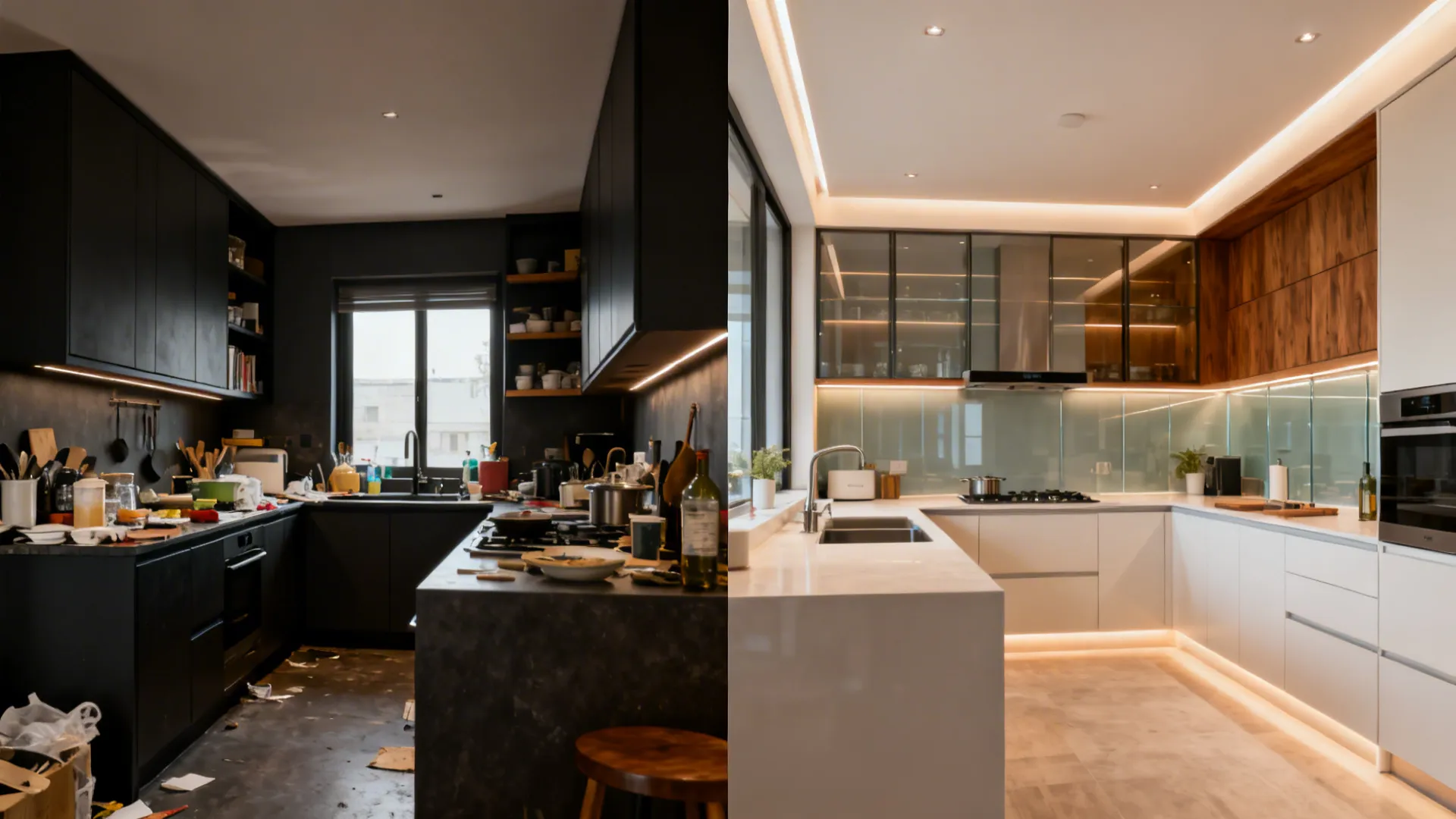 Before-and-after comparison of a messy dark kitchen versus a clean modern white and wood kitchen