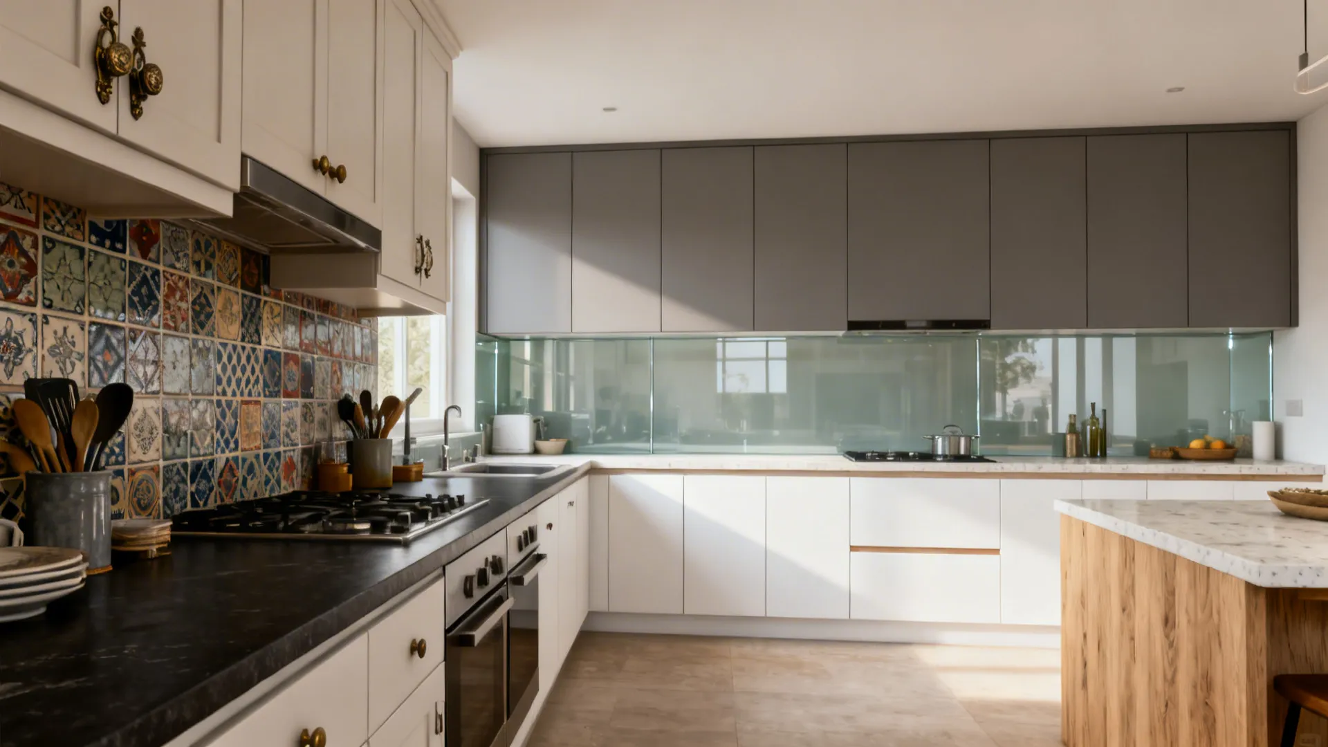 Before-and-after L-shaped kitchen showing a shift from cluttered finishes to streamlined wood, glass, and light quartz.