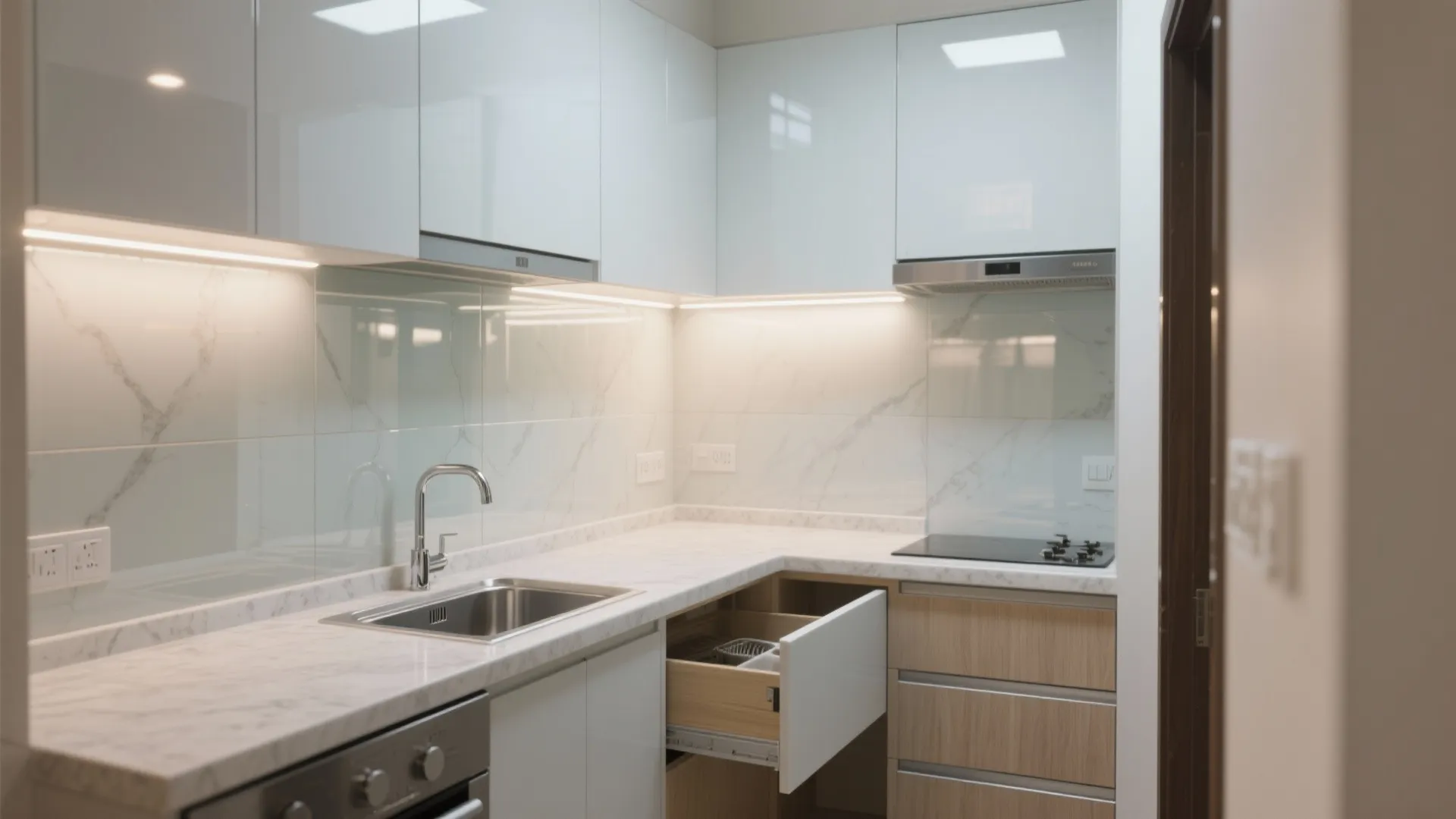 Bright, Efficient Kitchen: L-Shape + Reflective Surfaces