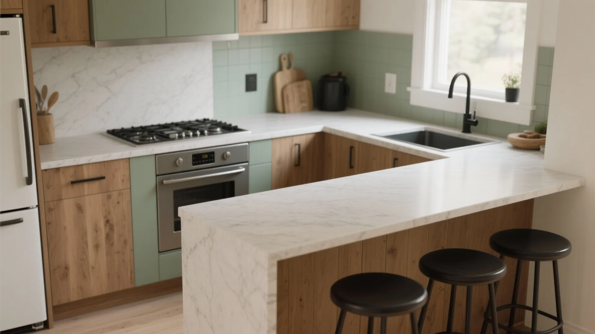 L-shaped kitchen layout with a breakfast counter