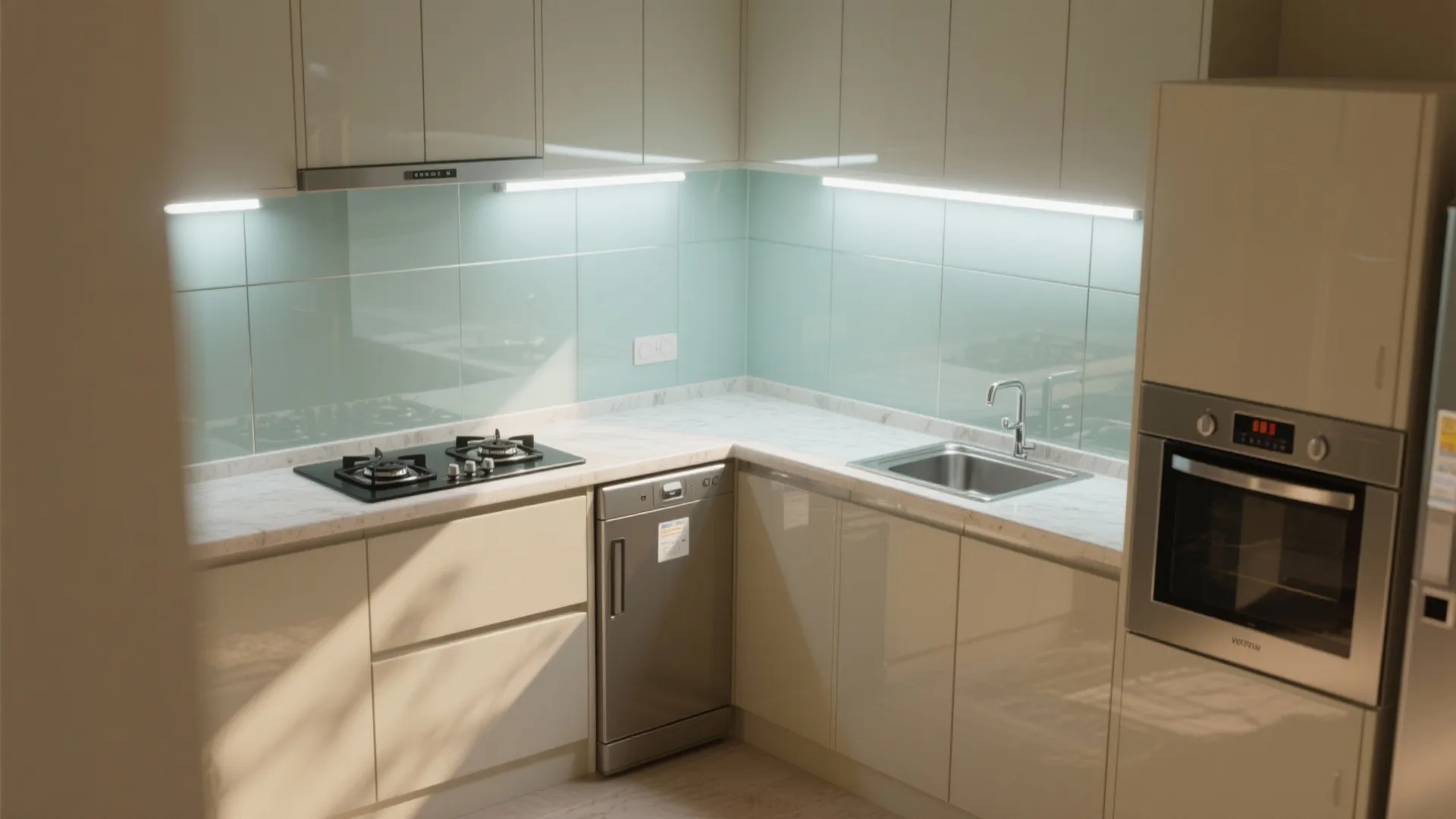 L-Shaped Small Kitchen With Bright Backsplash