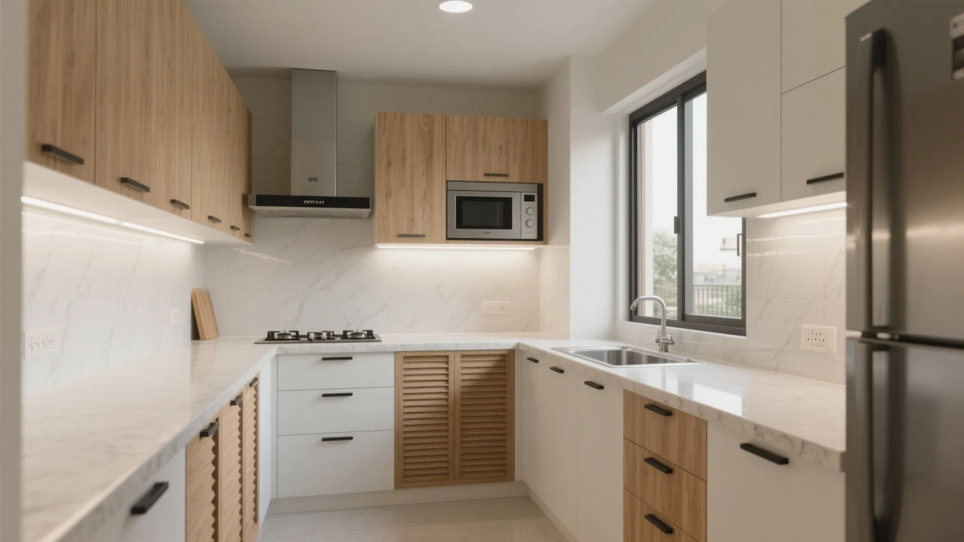 1) An L-shaped kitchen that actually works in 2 BHKs