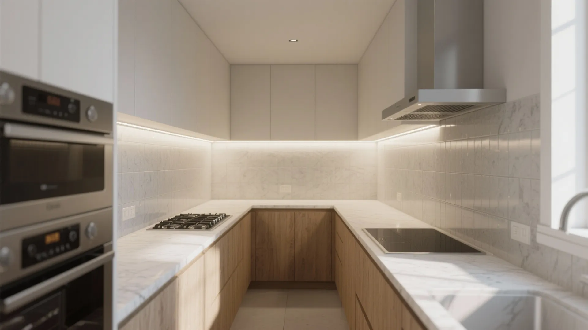 Small kitchen with wooden cabinets white marble countertops light under cabinets and built in oven