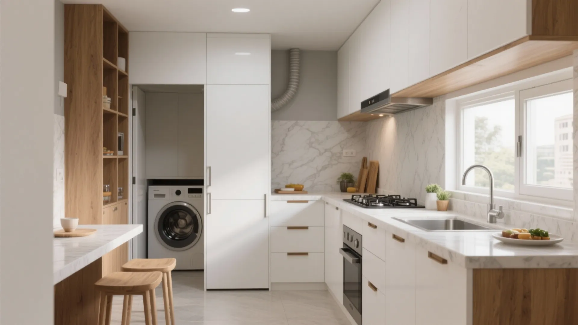 L-shaped kitchen + utility pocket for compact efficiency