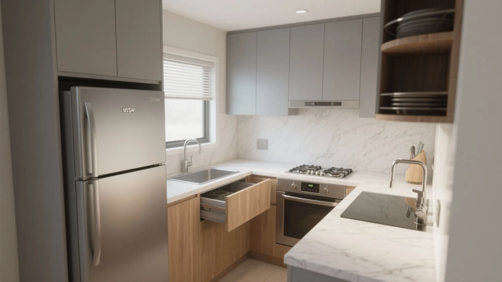 L-shaped micro kitchen with smart clearances