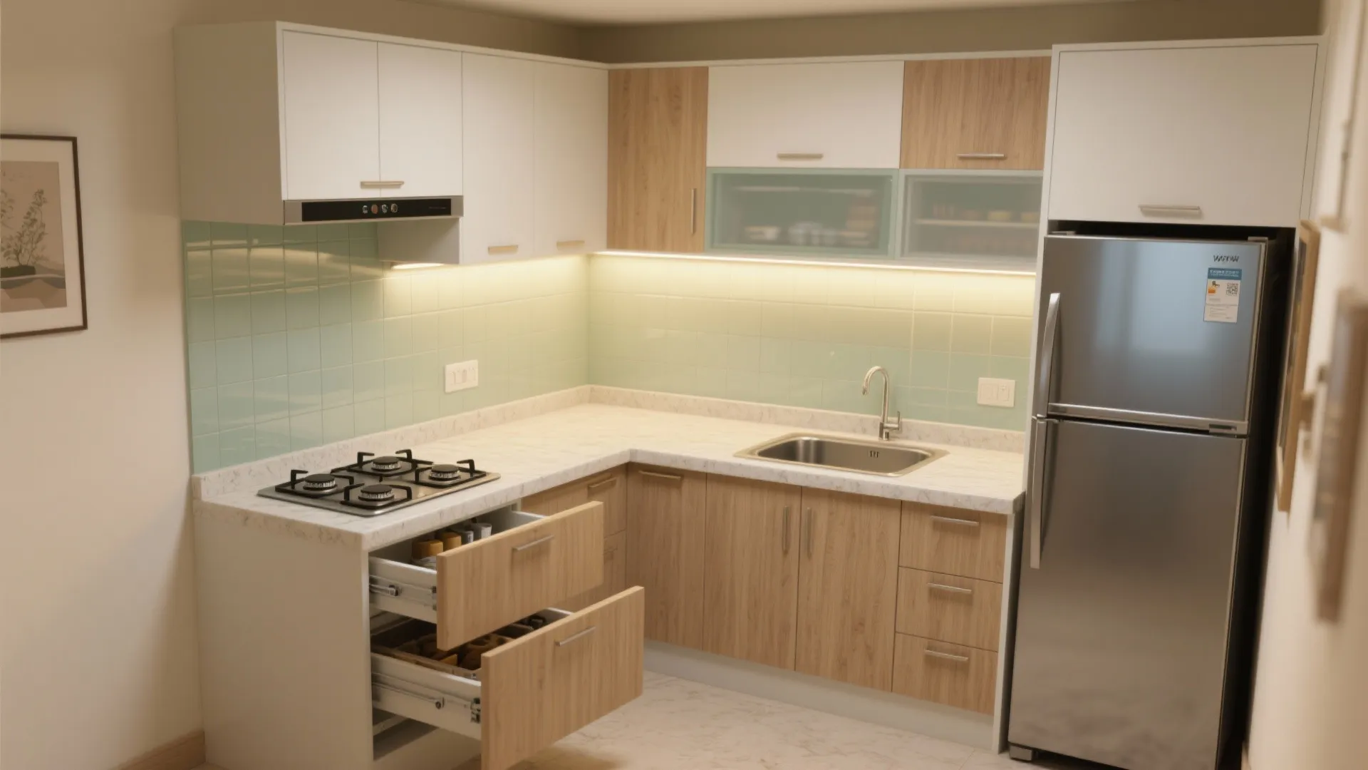 L-Shaped Micro-Kitchen With Hidden Storage