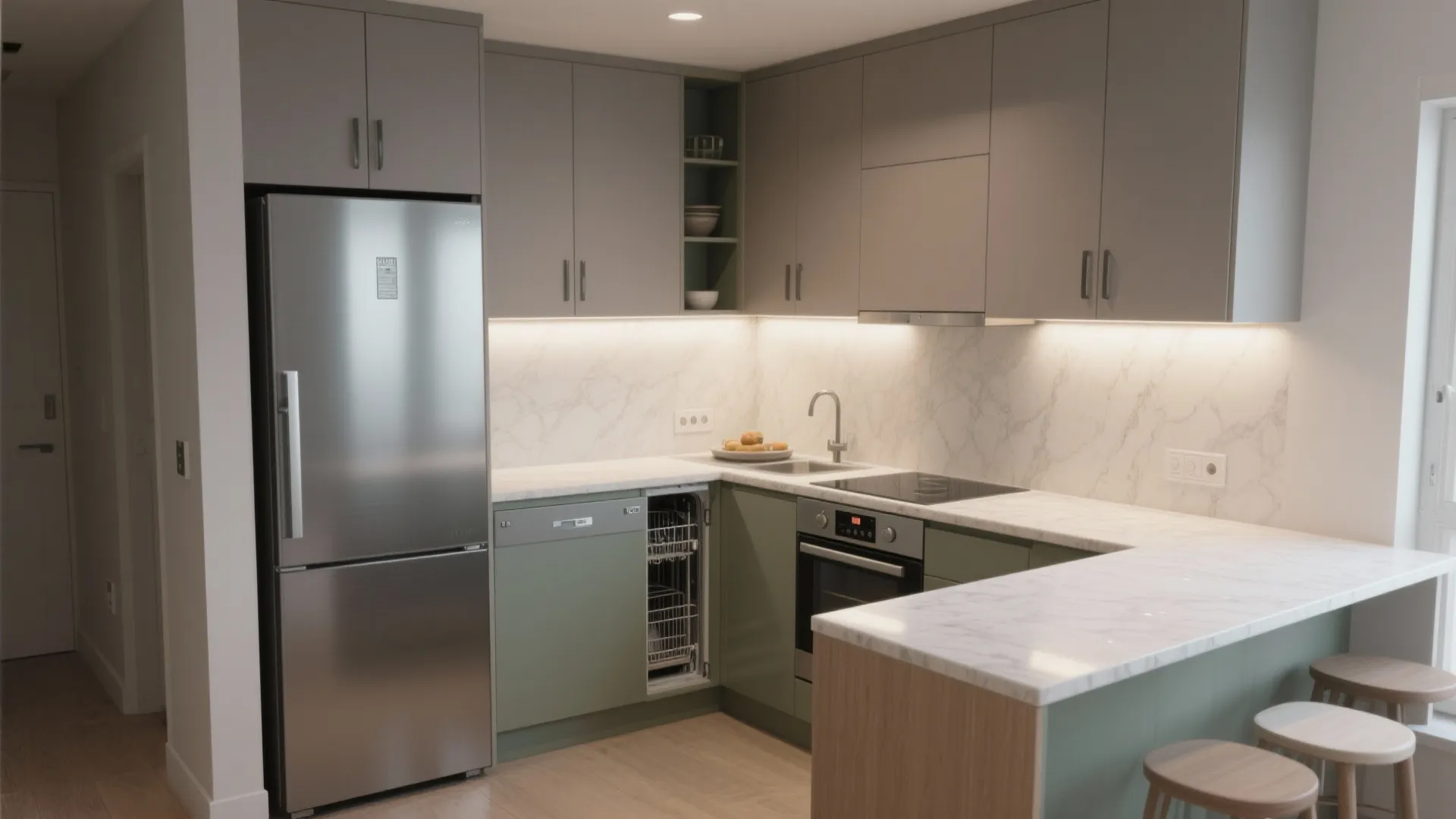 1) Smart L-shaped Kitchen with Minimalist Storage