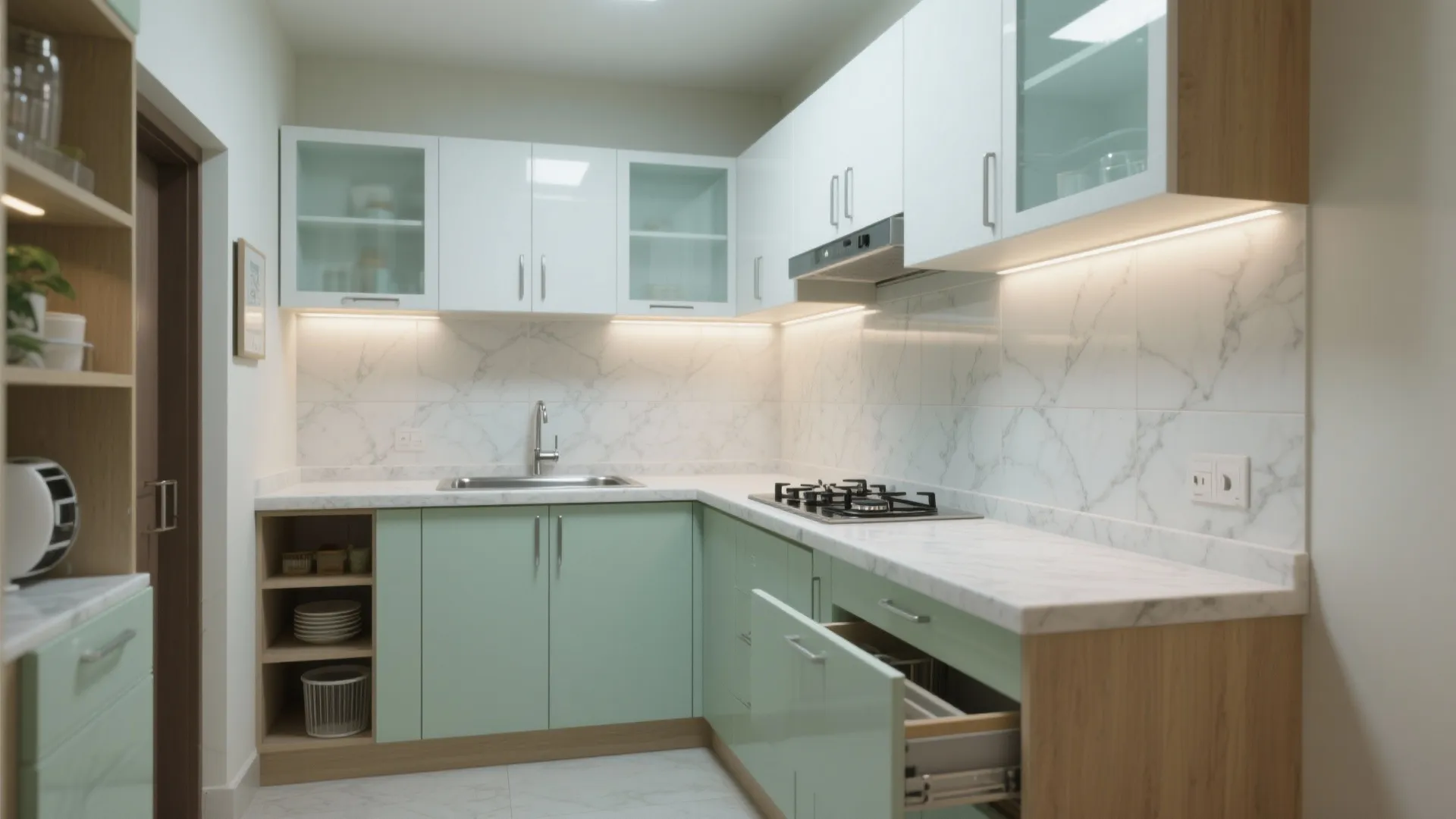 Compact L-shaped kitchen with a tighter work triangle
