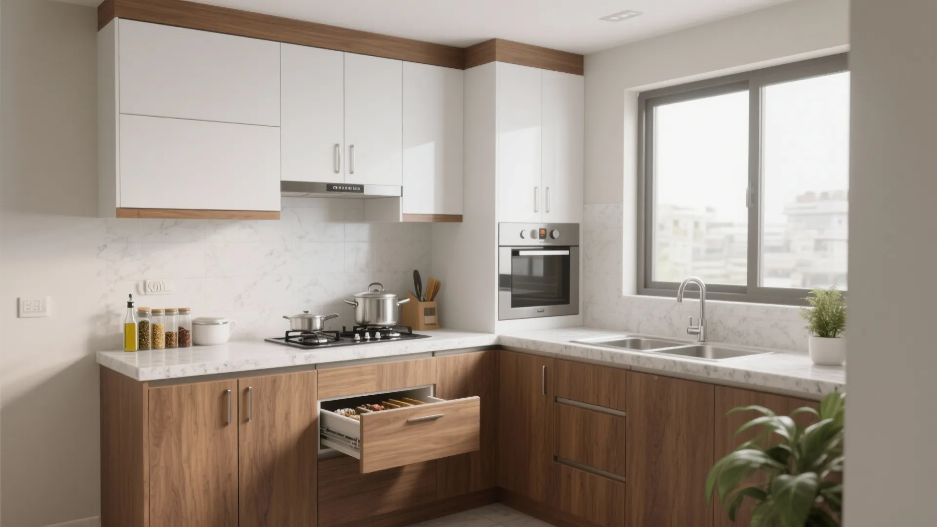 Minimalist small-kitchen storage with an L-shaped plan