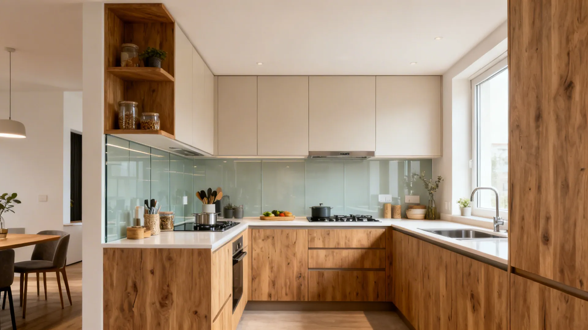 Polished L-shaped kitchen with clear sightlines, ample prep area, and organized storage.