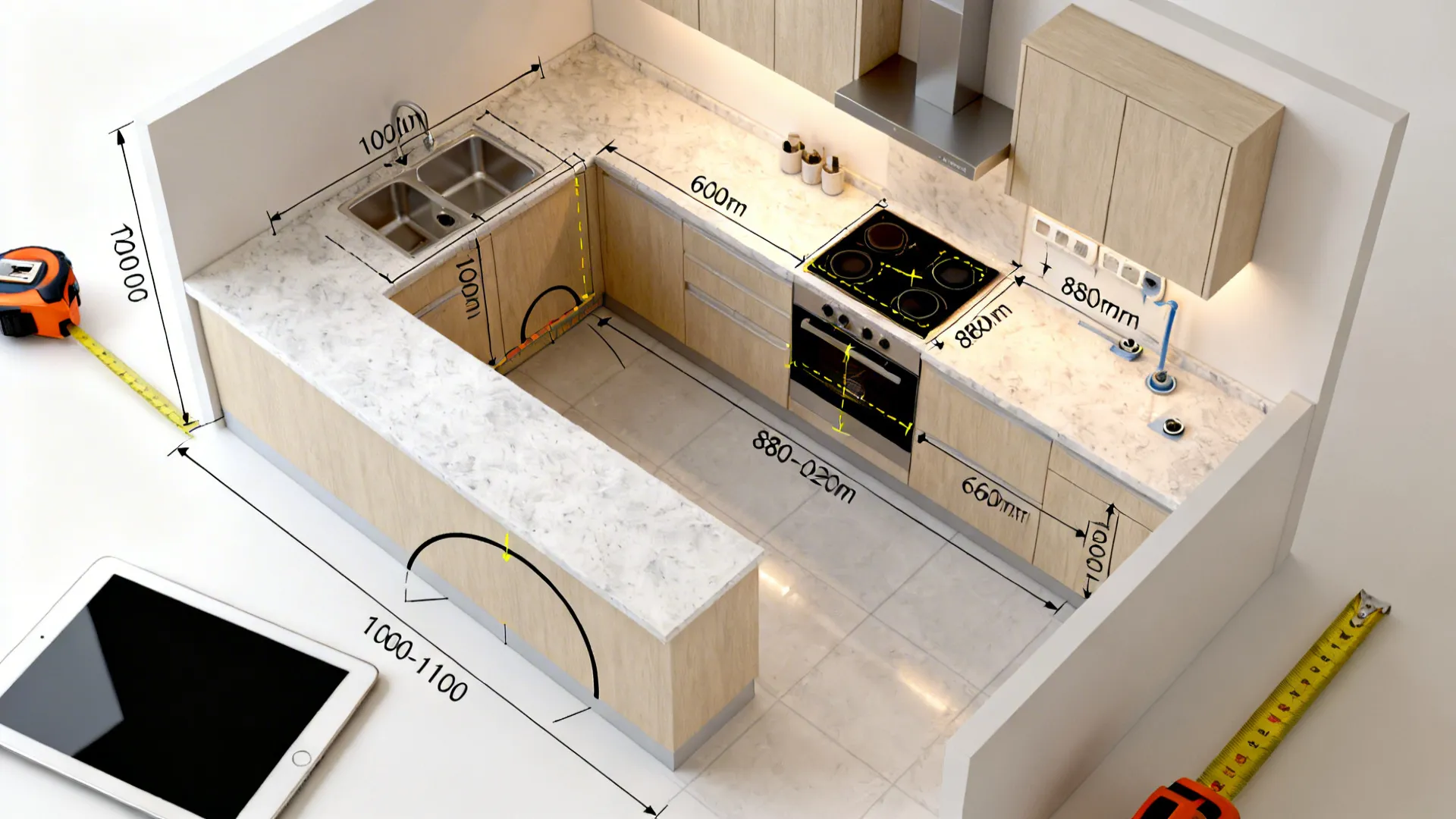 Interior design drawing showing U-shaped kitchen layout with wooden cabinets, marble countertops, and detailed dimensions