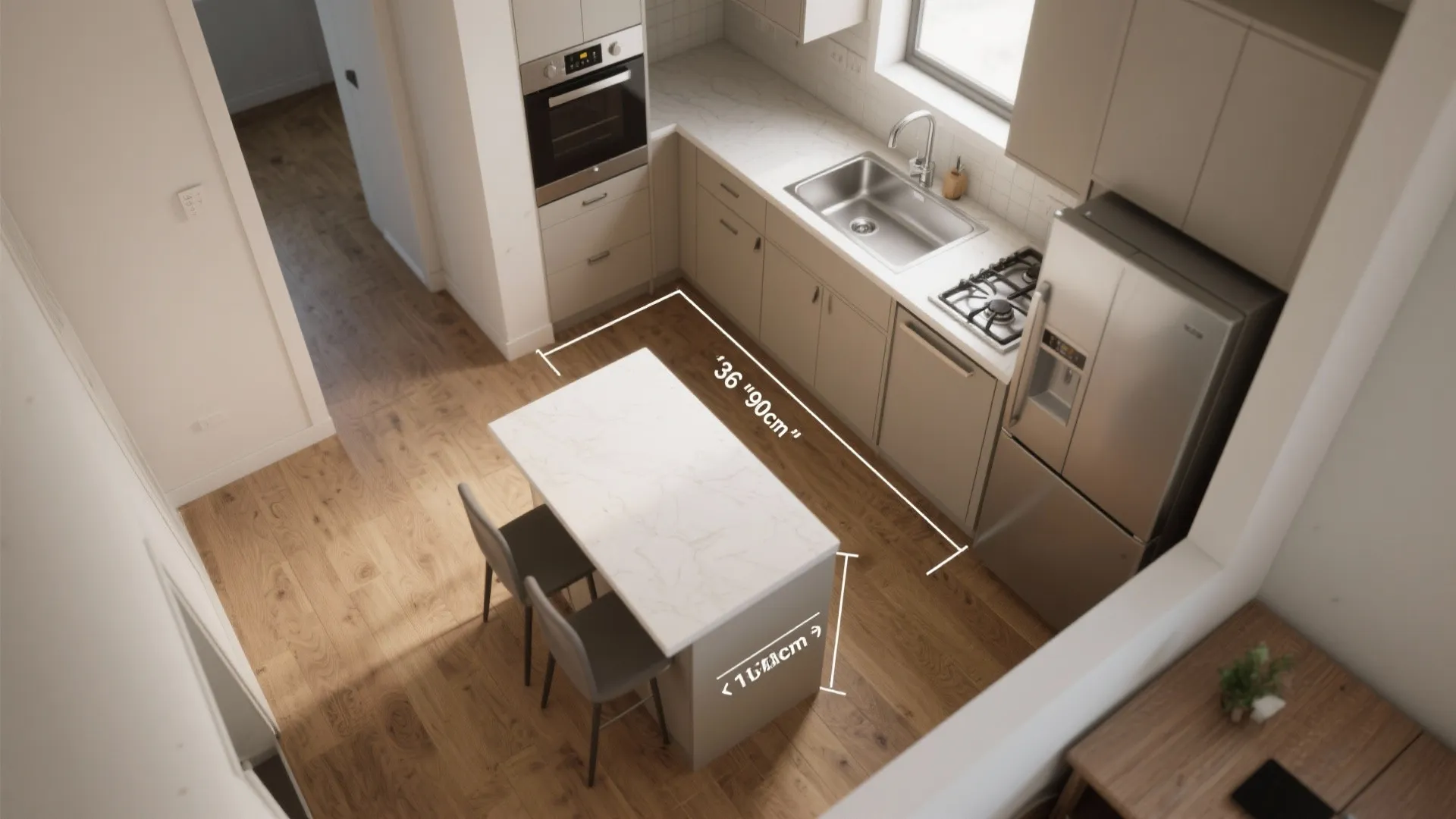 Modern kitchen layout showing white marble island with chairs plus cabinets and stainless steel appliances