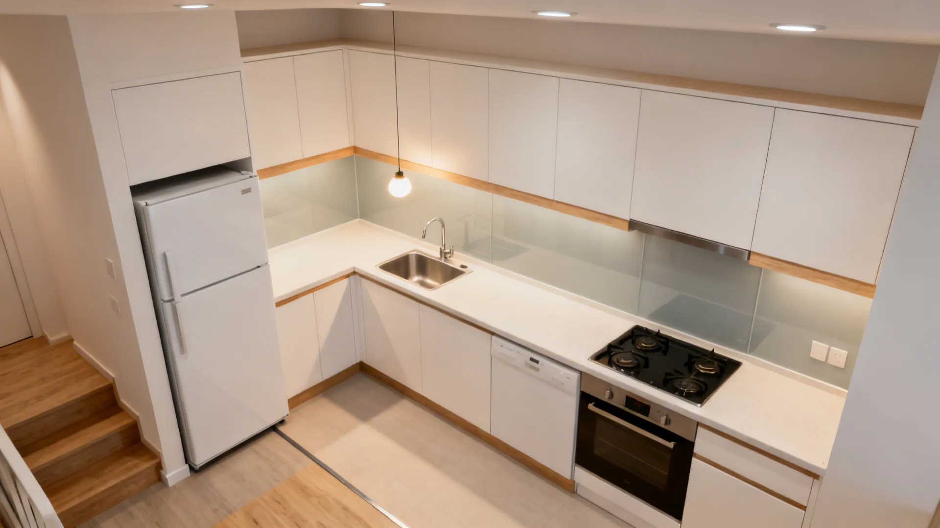 Top-down L-shaped kitchen plan showing appliance zones and layered lighting.