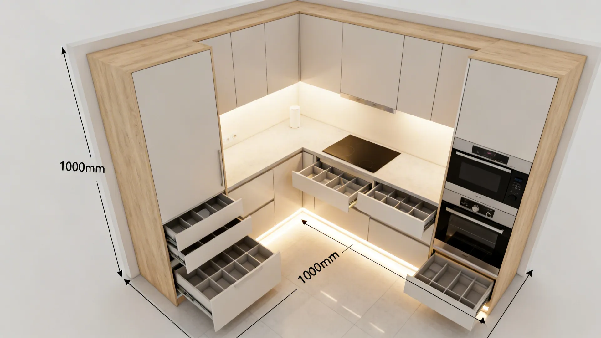 Top-down view of a compact L-shaped kitchen showing pantry, corner pull-out, deep drawers, LEDs, and clear aisle.