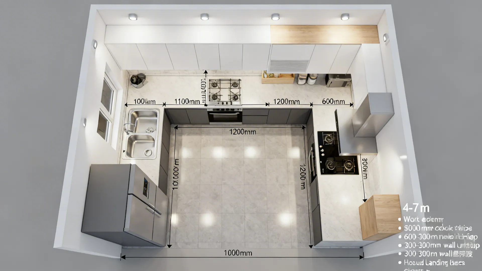 Interior design drawing of U-shaped kitchen layout with white cabinets, grey counters, and specific measurements