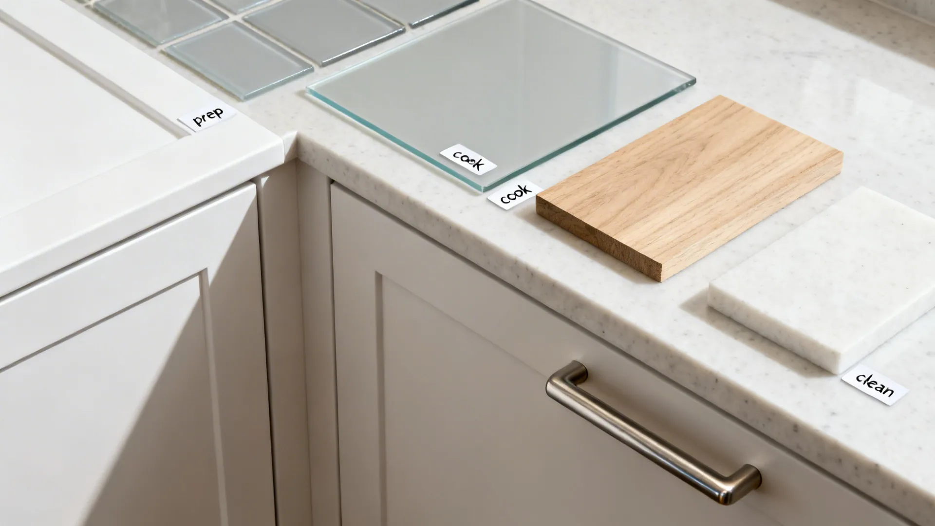 Flat lay of white cabinet, glass backsplash, oak wood, and quartz samples for an L-kitchen.