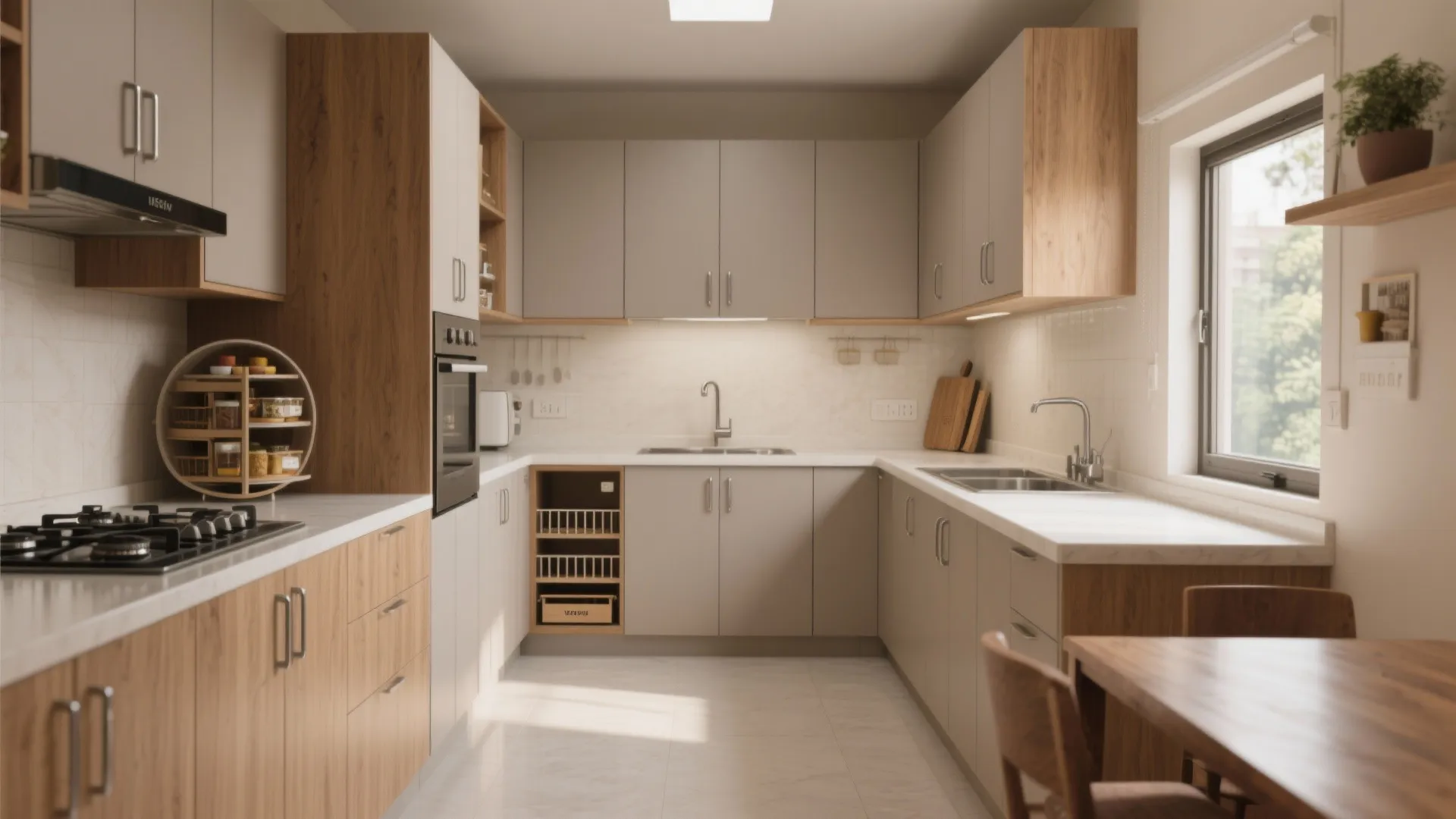 1) L-shaped Micro-Kitchen With Smart Zoning
