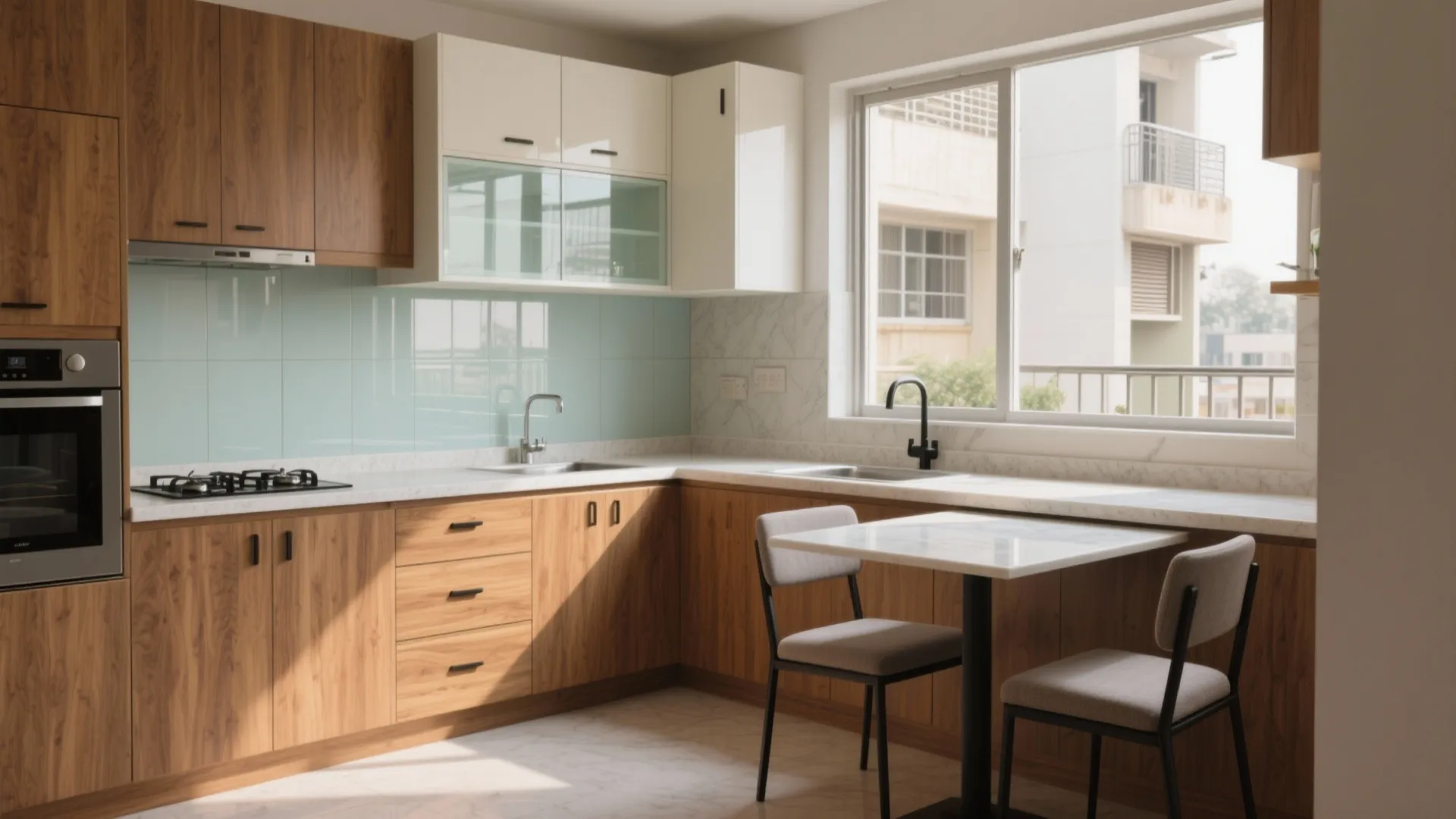 Compact L-shaped kitchen with reflective finishes