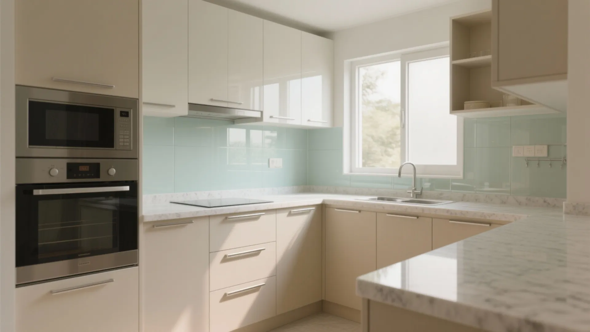 Light-toned L-shaped kitchen with glass and easy-clean surfaces