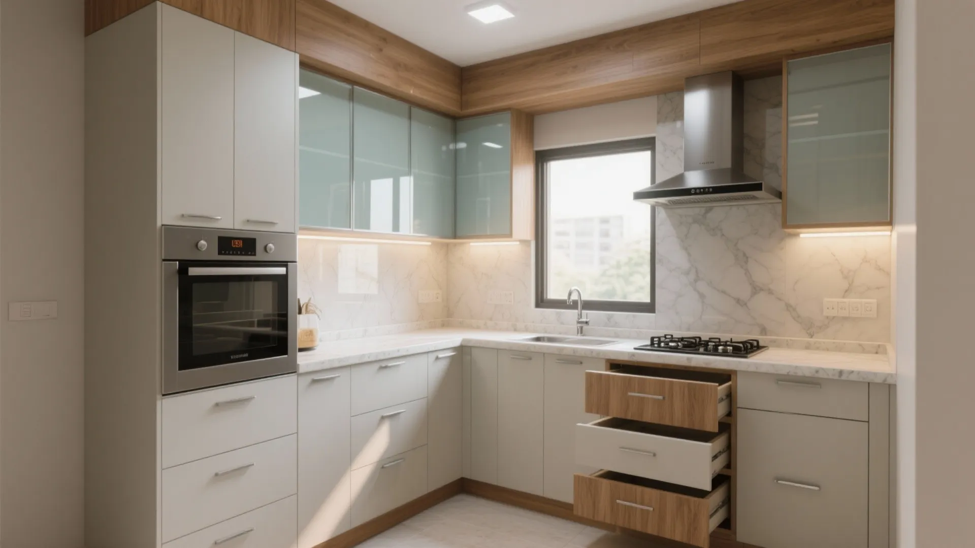 L-shaped modular kitchen with smart storage and a glass backsplash