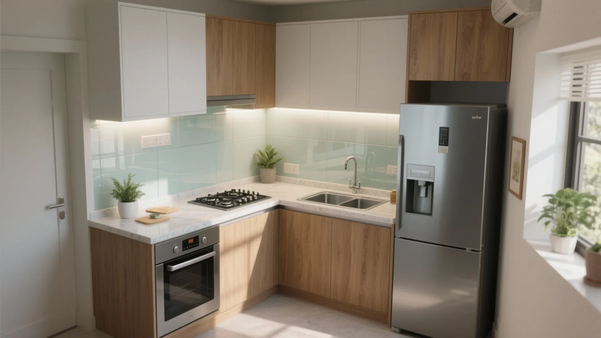 Modular L-shaped kitchen with a glass backsplash