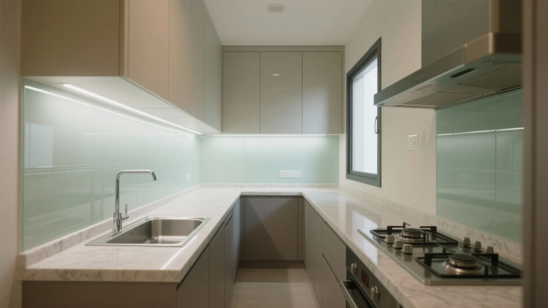 L-Shaped Kitchen with a Glass Backsplash
