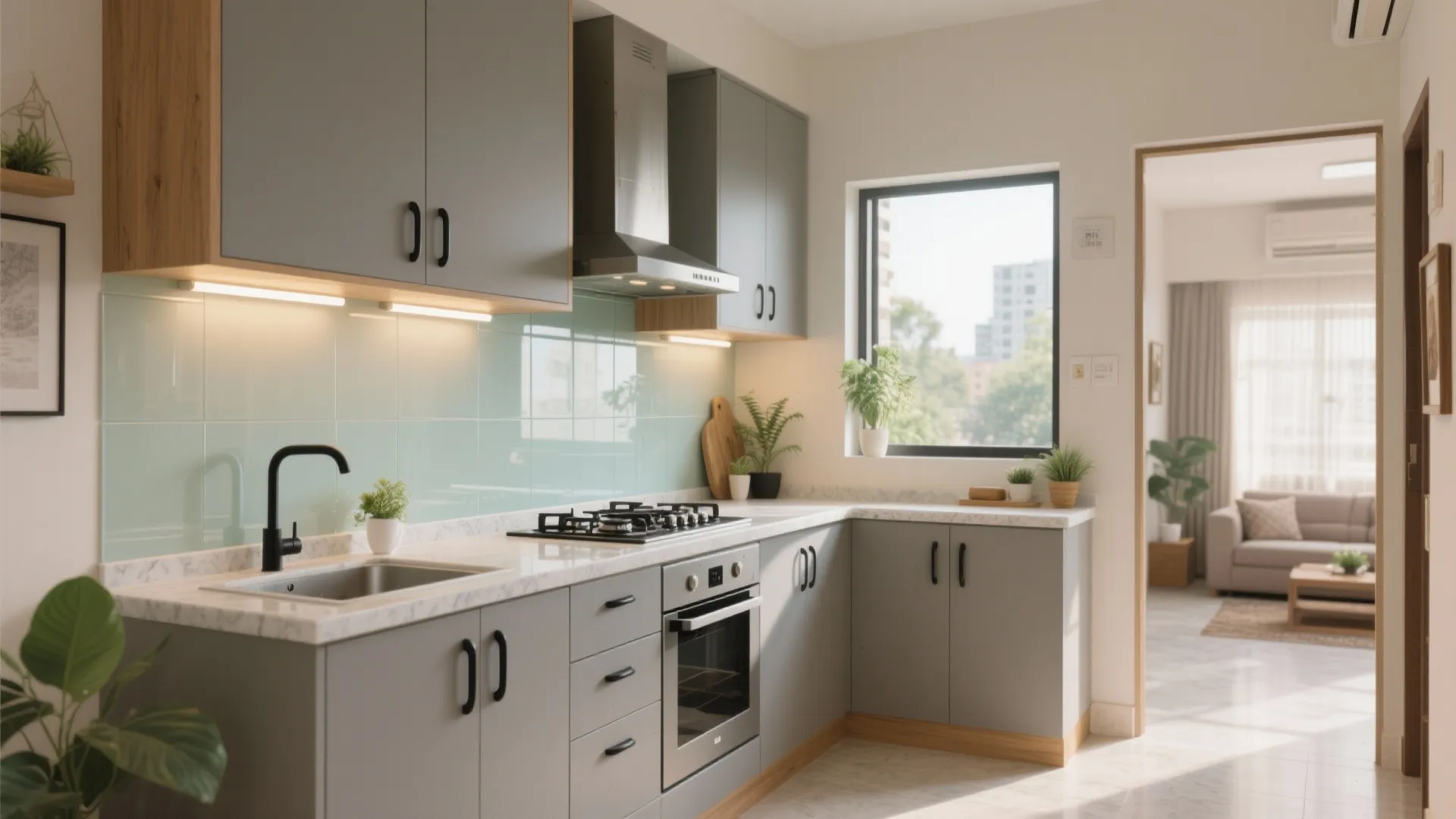 1) An L-shaped open kitchen with a glass backsplash