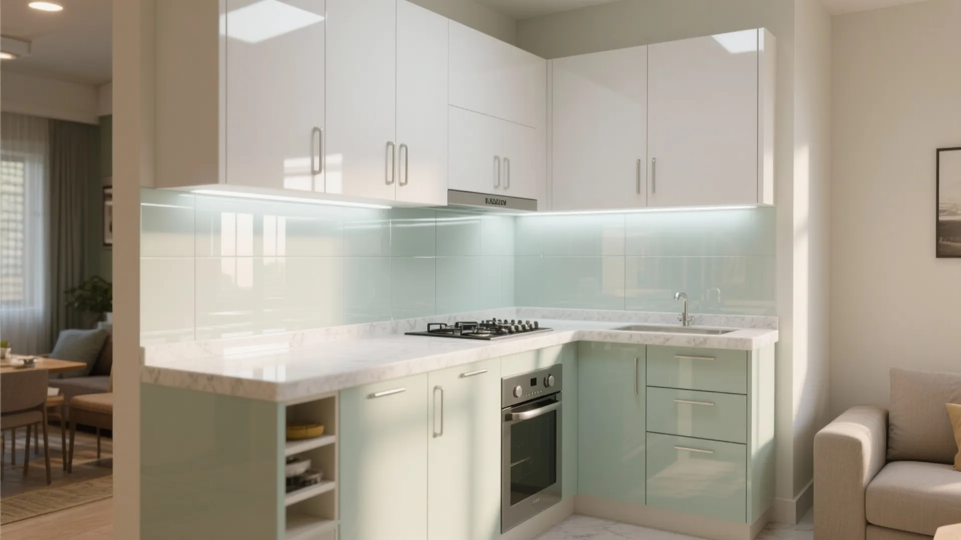 Airy L-Shaped Kitchen with a Reflective Backsplash