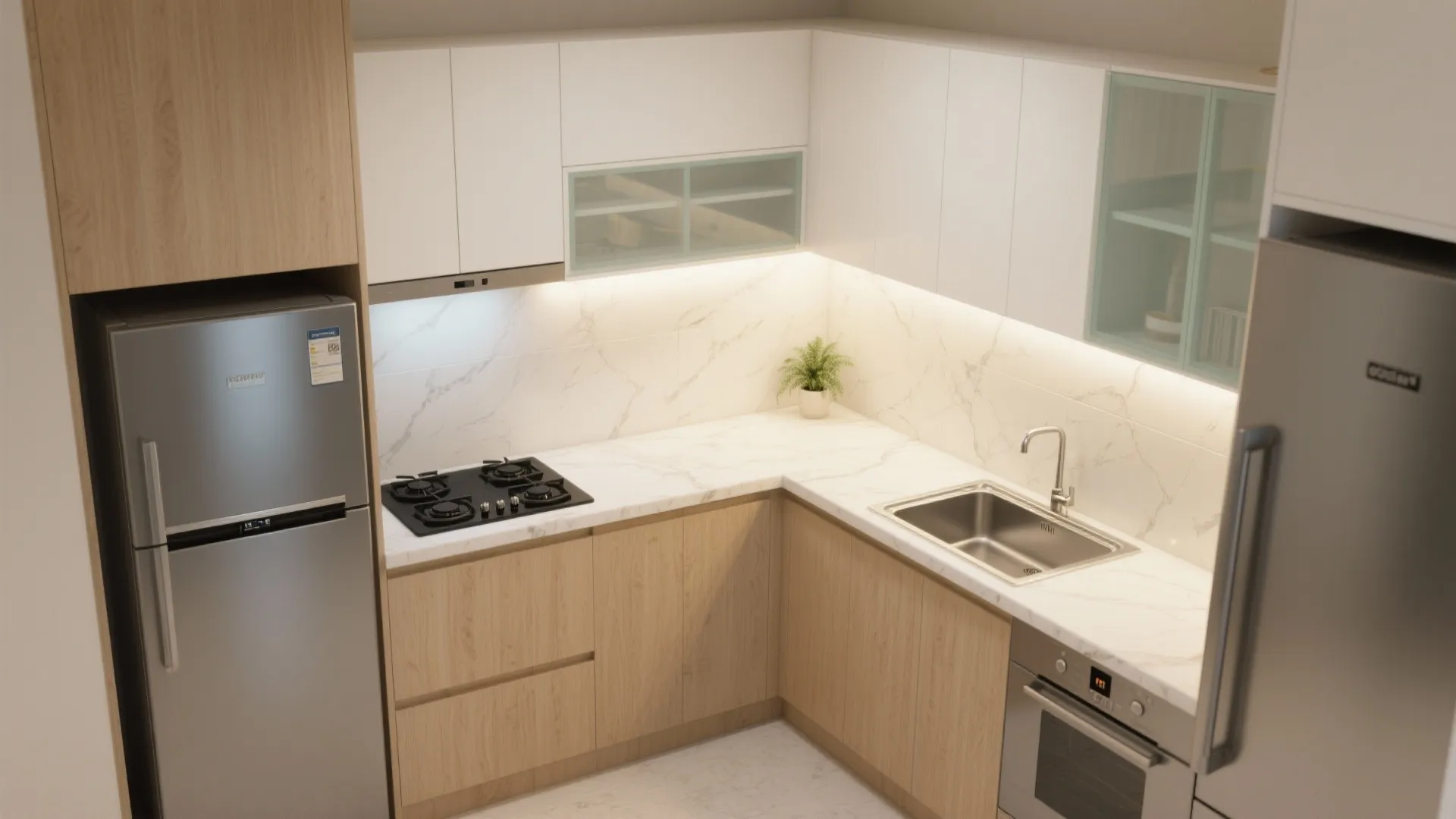 L-shaped Small Kitchen with a Light, Airy Backdrop