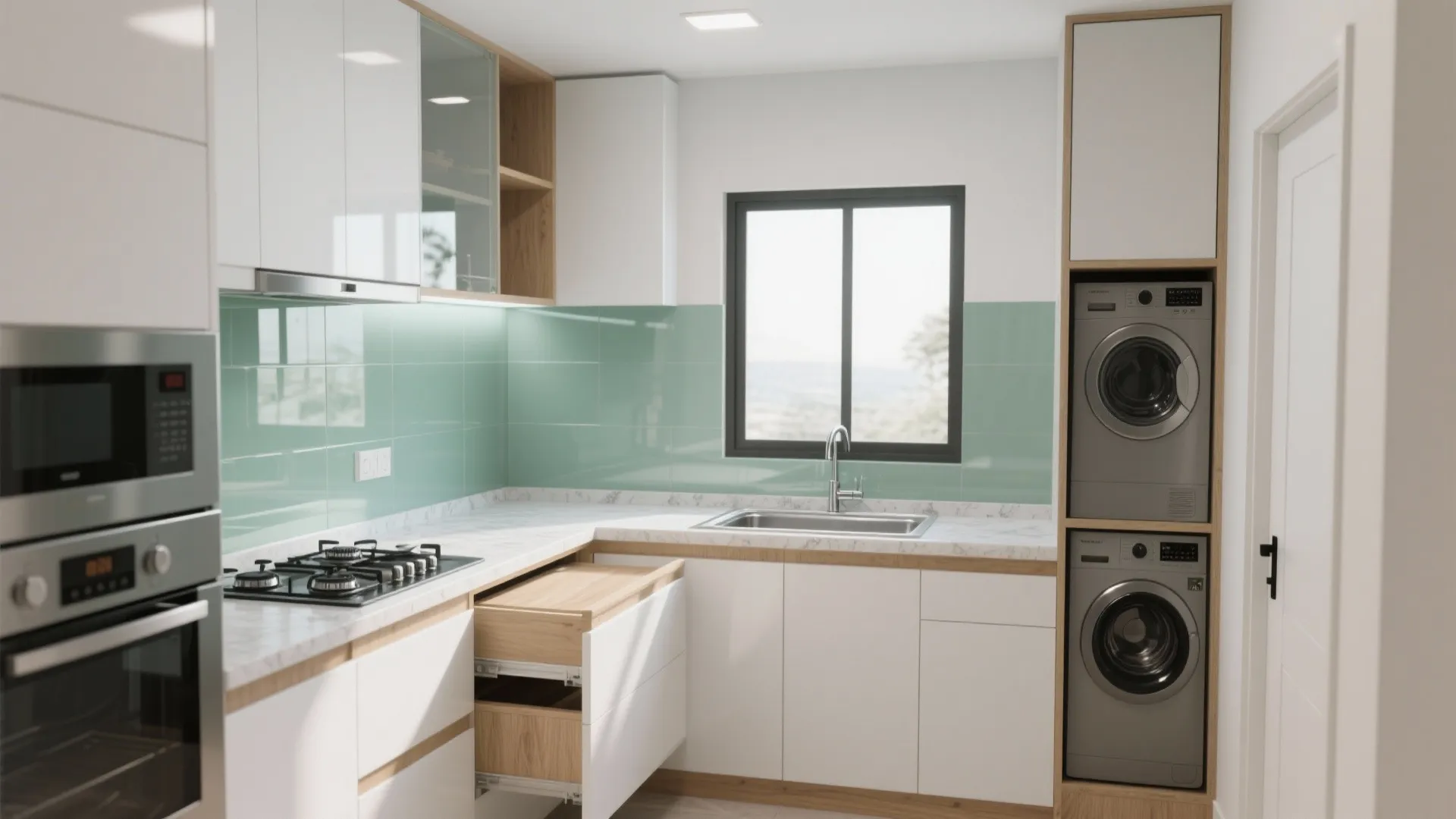 The L-Shaped Kitchen With a Glass Backsplash and Utility Pocket