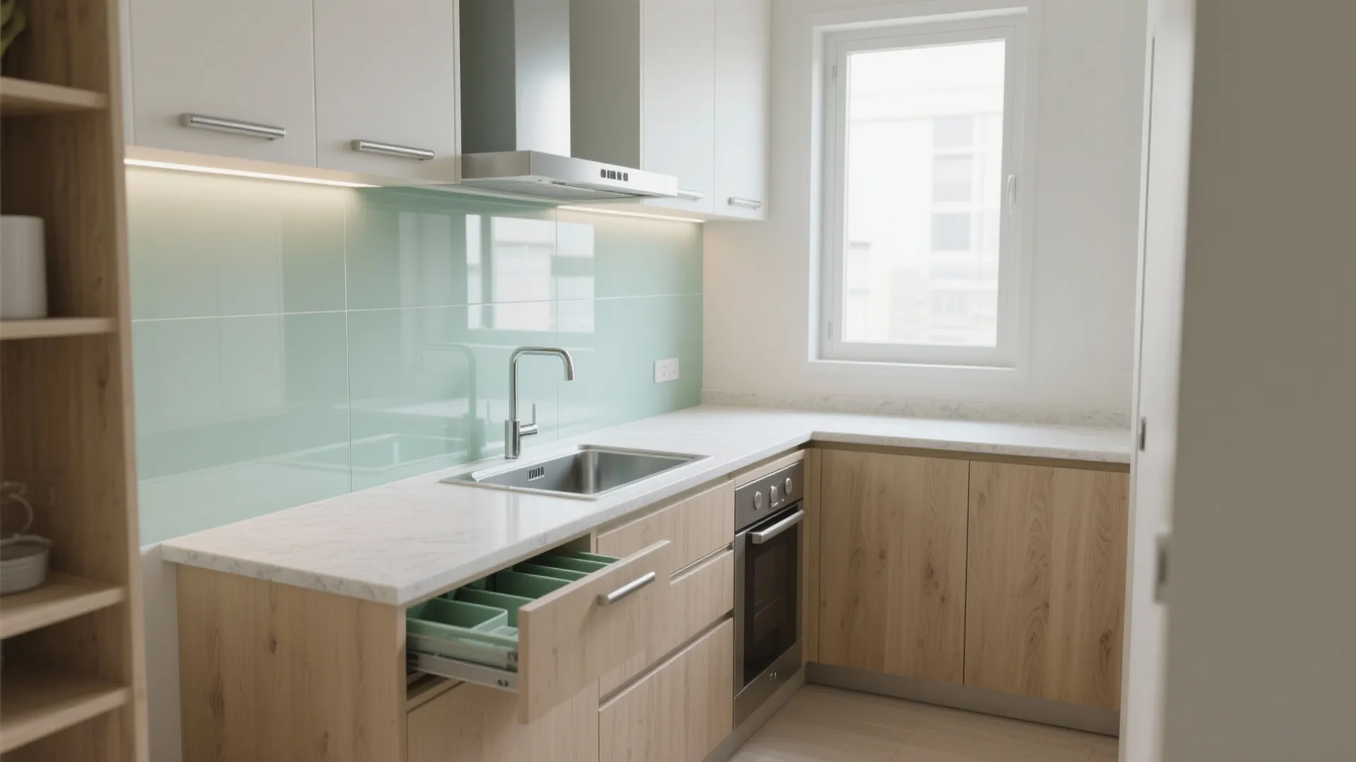 Modular L-Shaped Kitchen with a Glass Backsplash