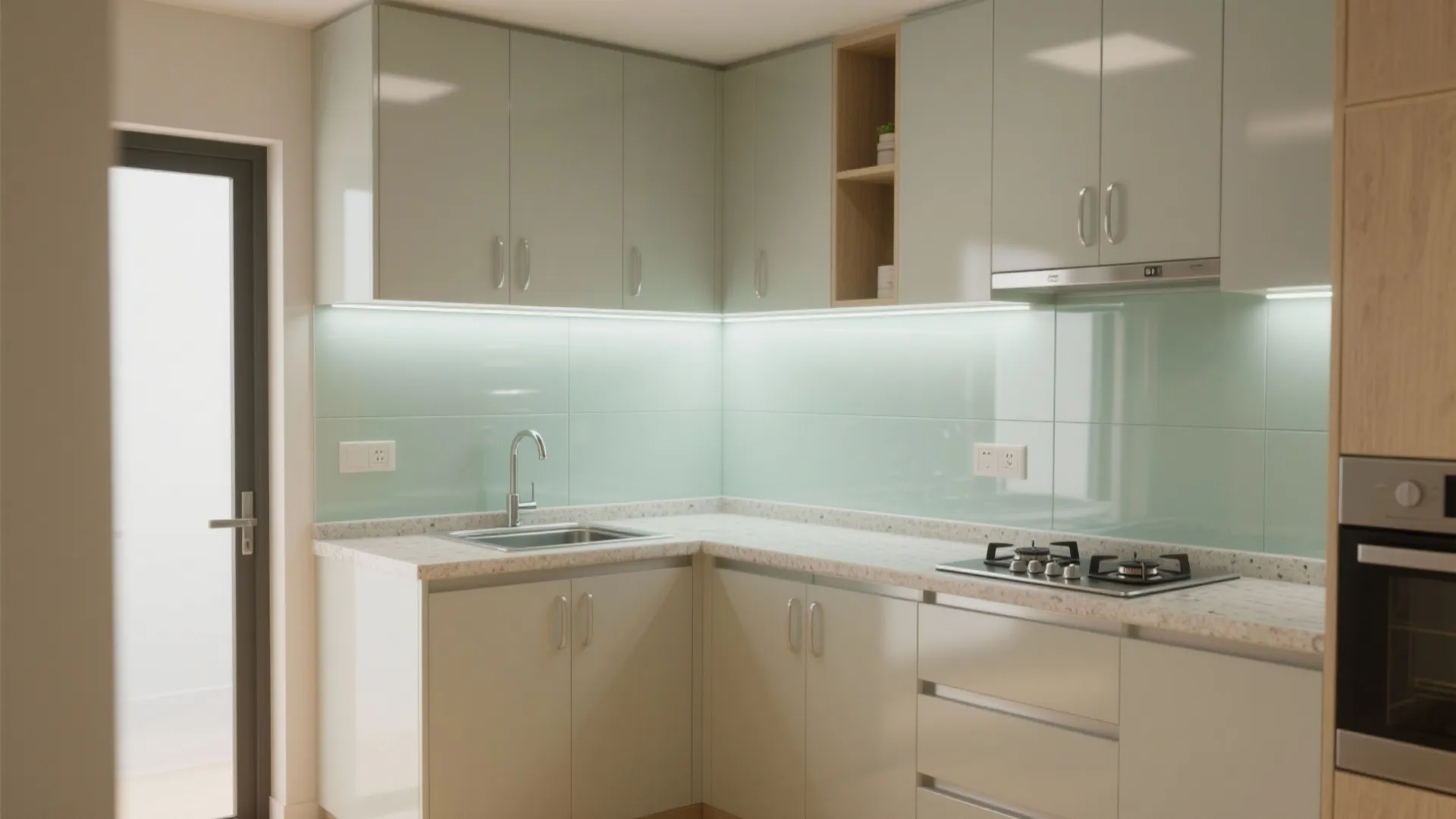 An L-shaped small kitchen with a glass backsplash