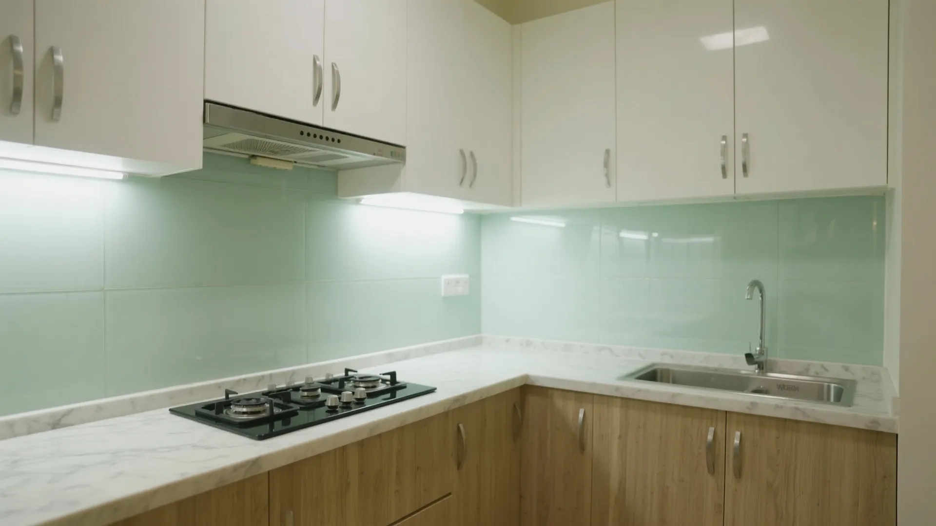 An L-shaped compact kitchen with a glass backsplash