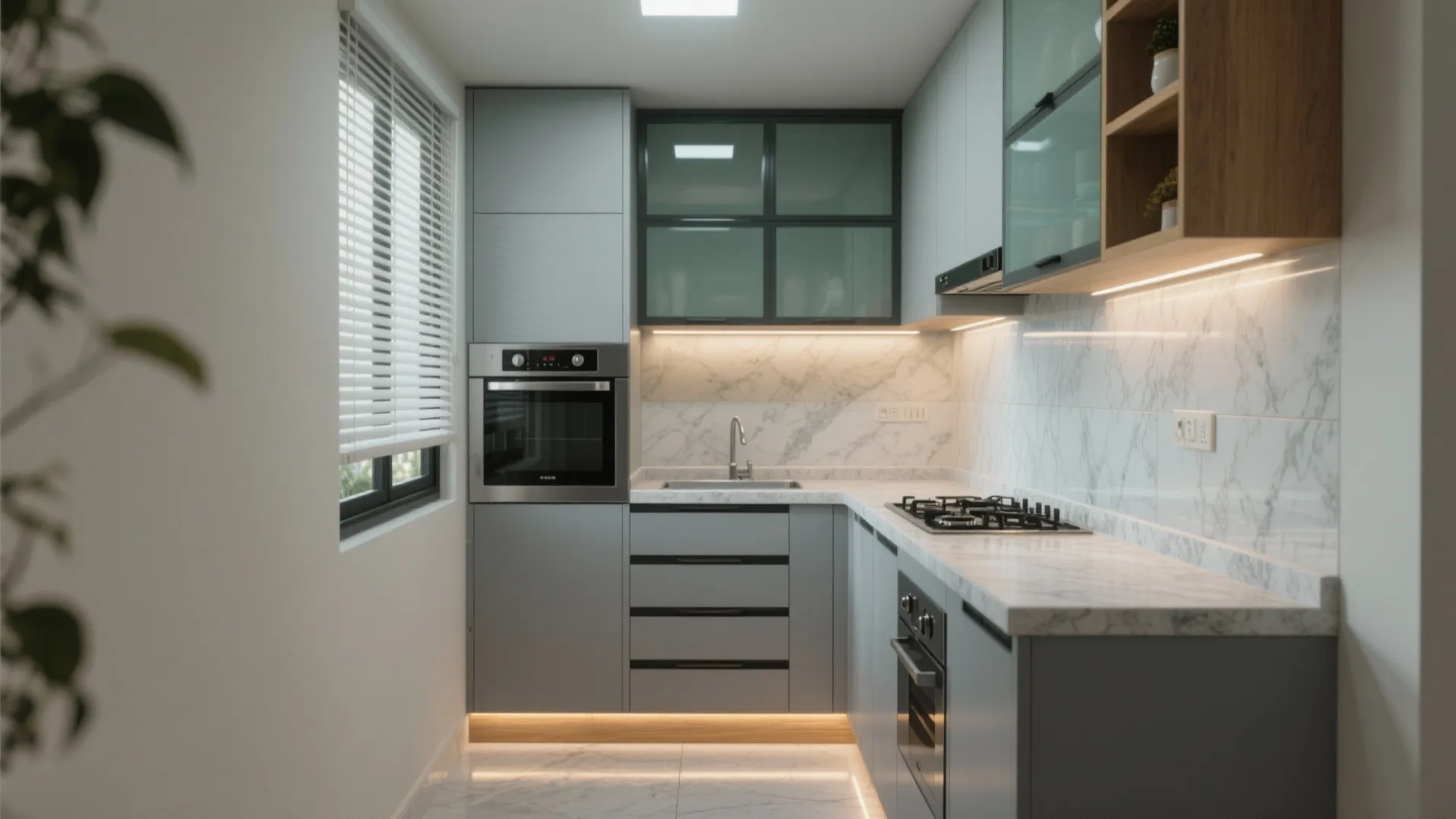 Modular L-shaped kitchen with a glass backsplash