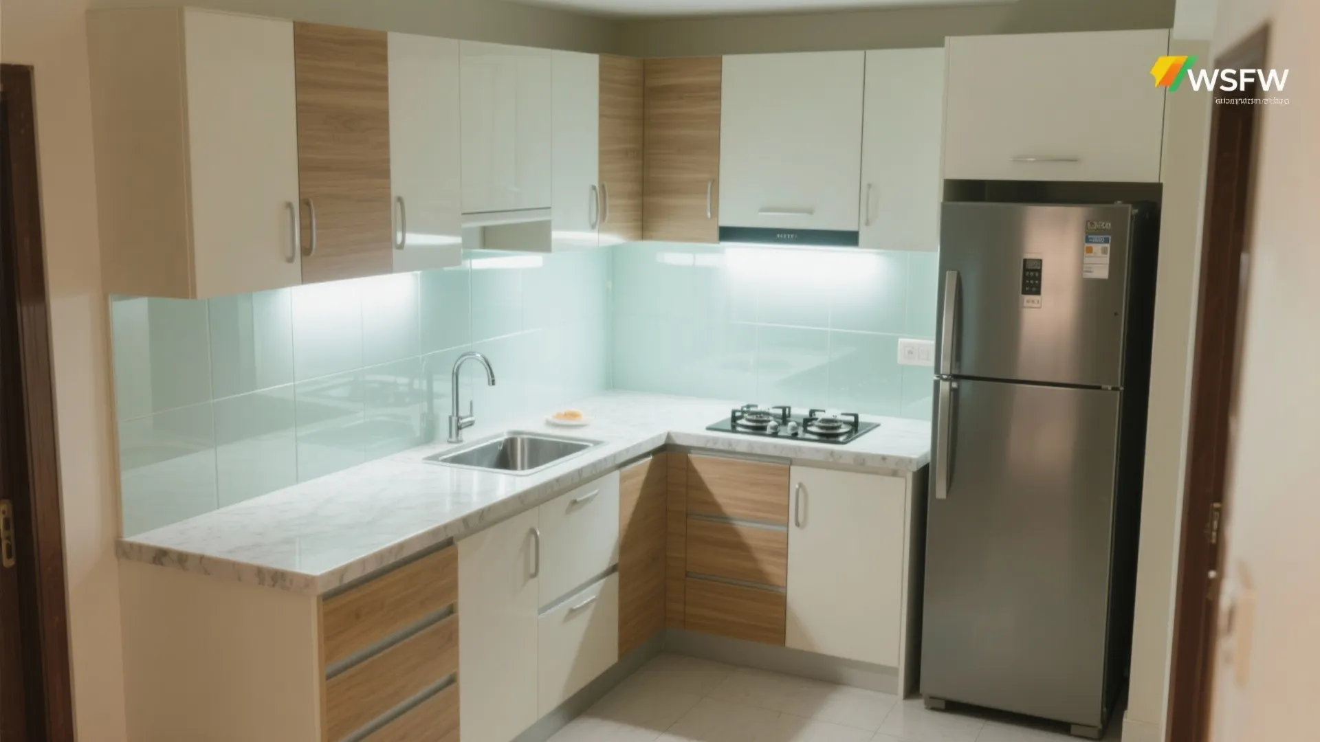 L-shaped small kitchen with a glass backsplash