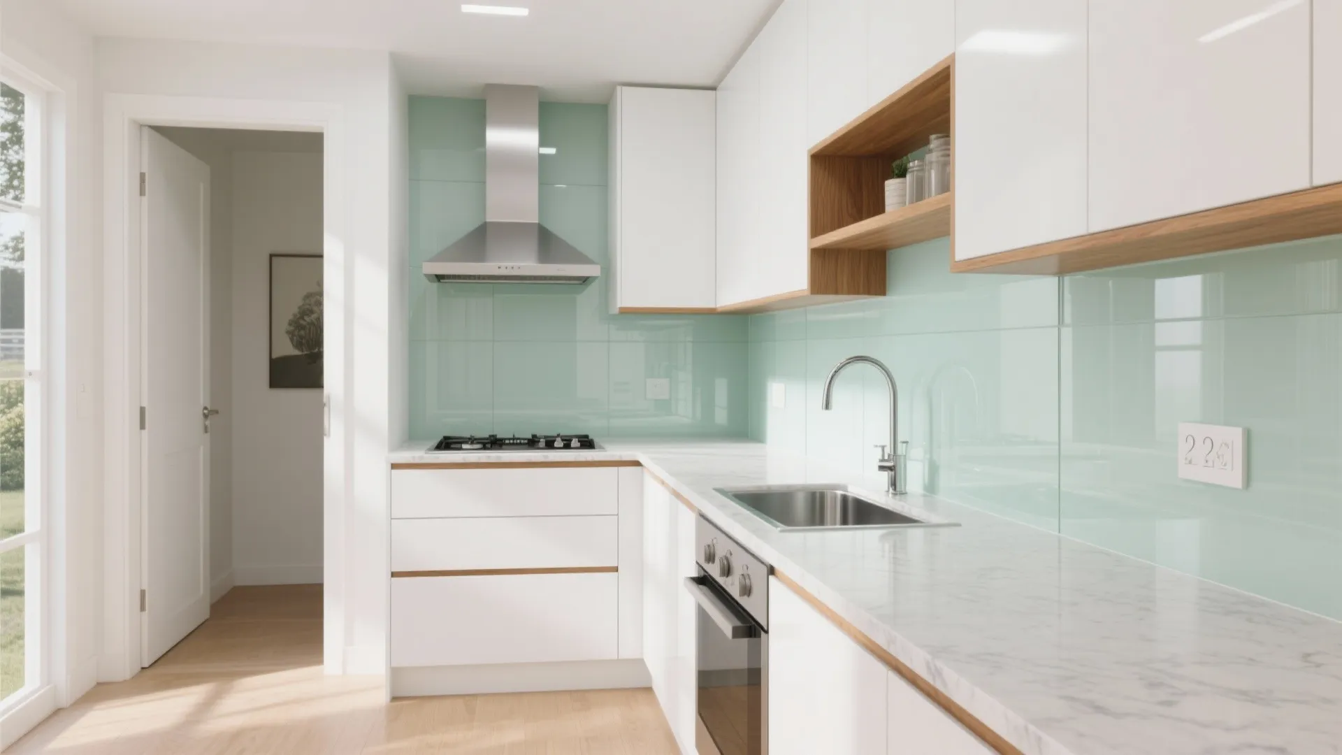 The L-shaped kitchen with a light-boosting glass backsplash