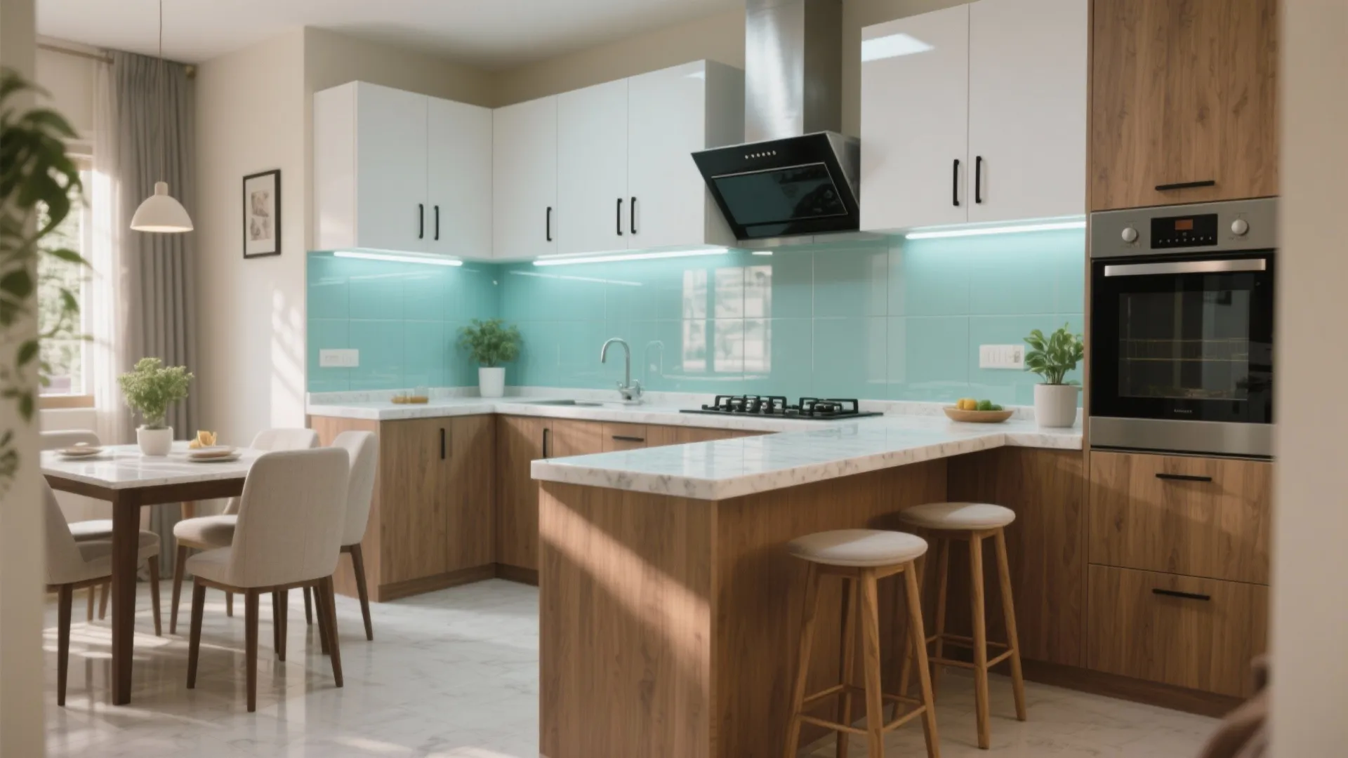 L-shaped open kitchen with a bright glass backsplash