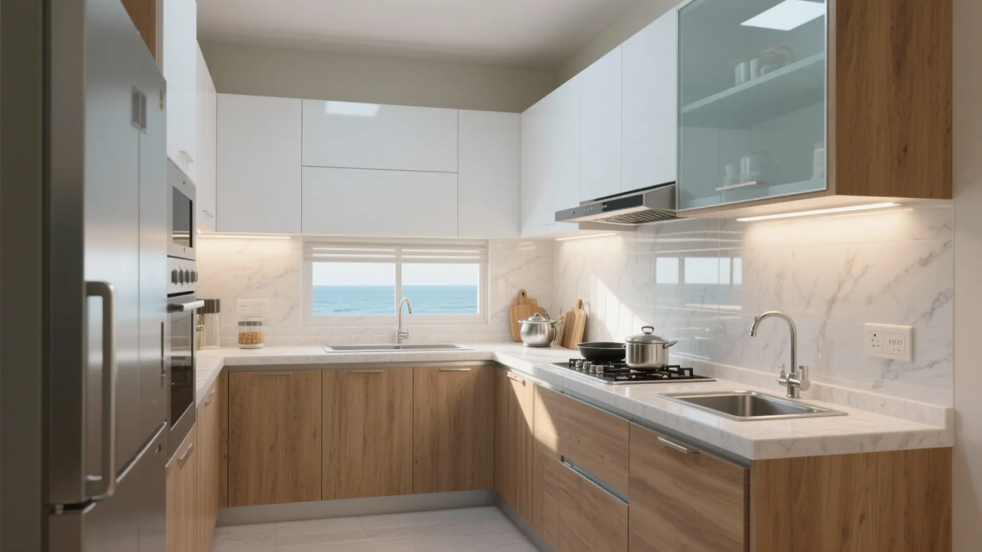 Modular Kitchen: L-Shape + Glass Backsplash