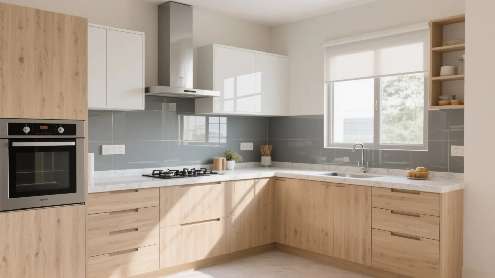 A light, L-shaped kitchen with a glossy glass backsplash