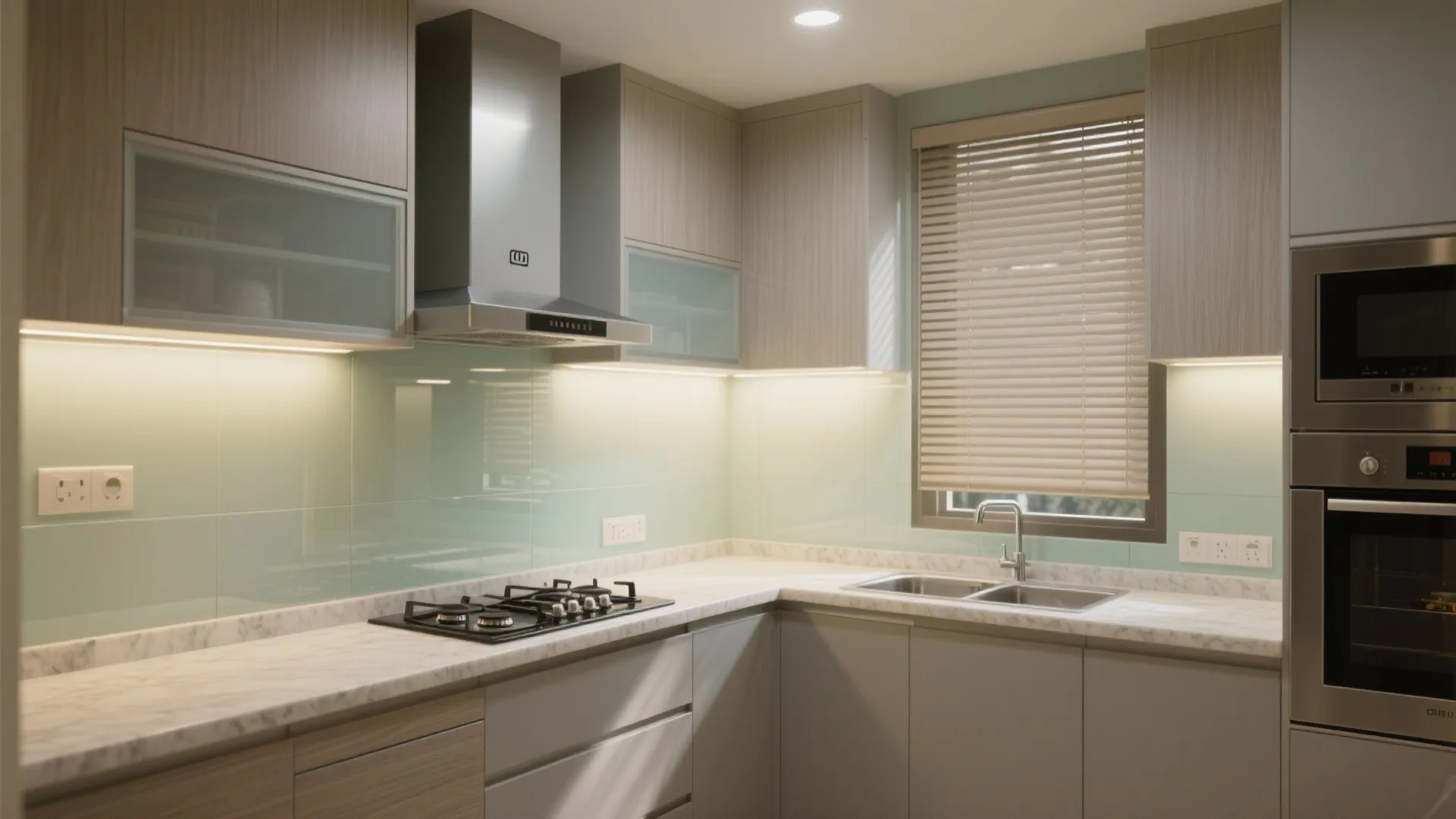 L-shaped modular kitchen with a glass backsplash