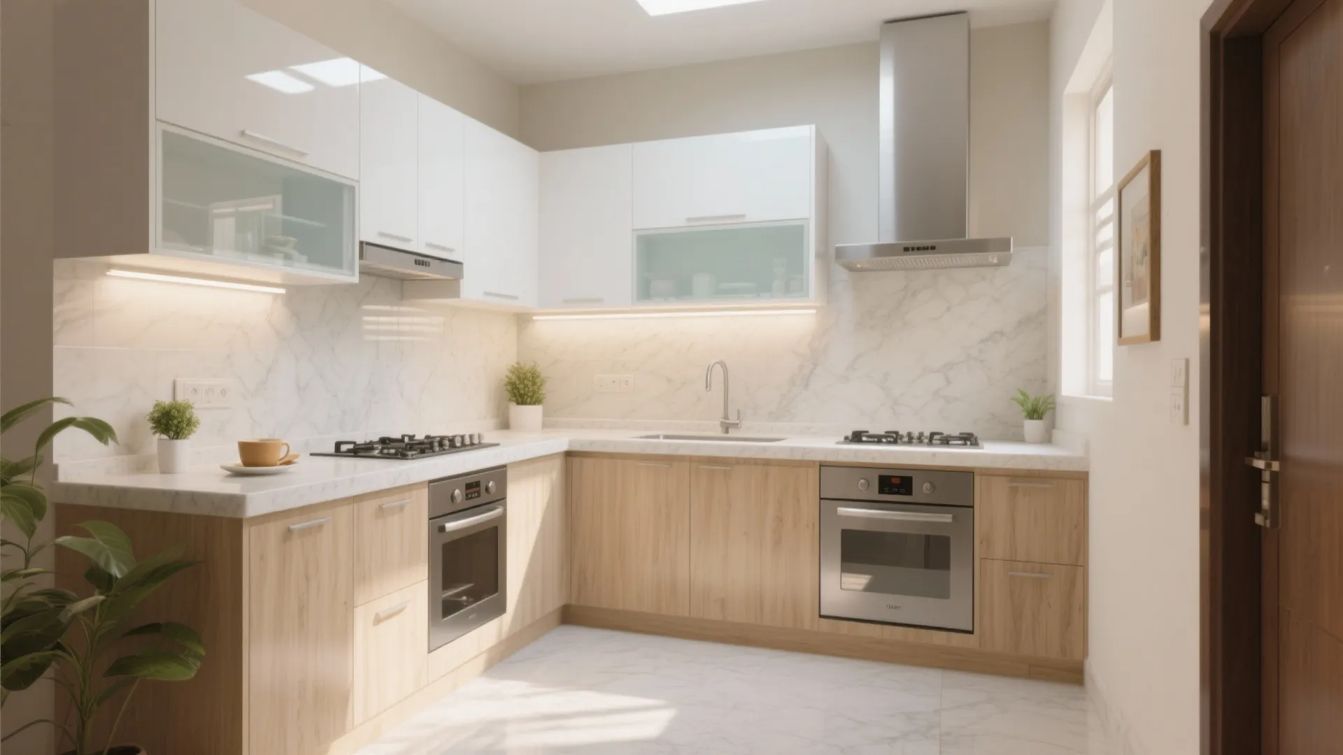 1) L-shaped Modular Kitchen with a Light, Easy-Clean Backsplash