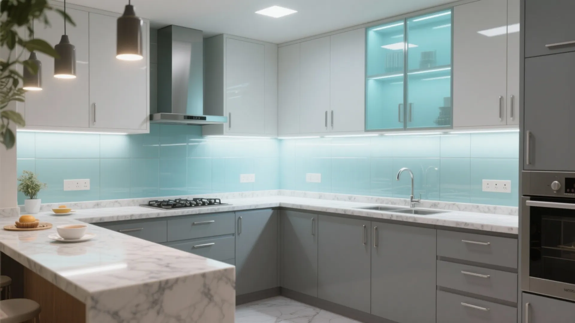 L-Shaped Modular Kitchen with a Glass Backsplash