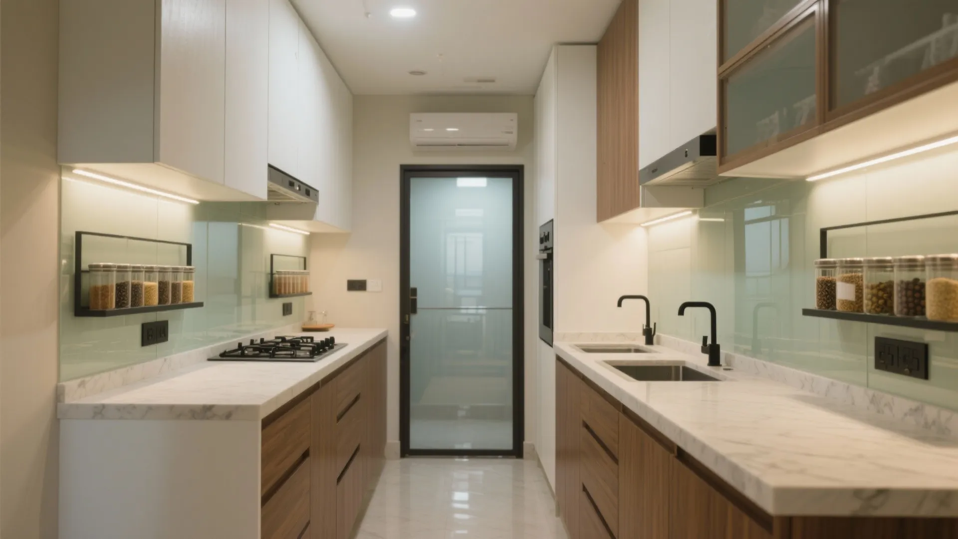Compact L-shaped kitchen with vertical storage and a glass backsplash