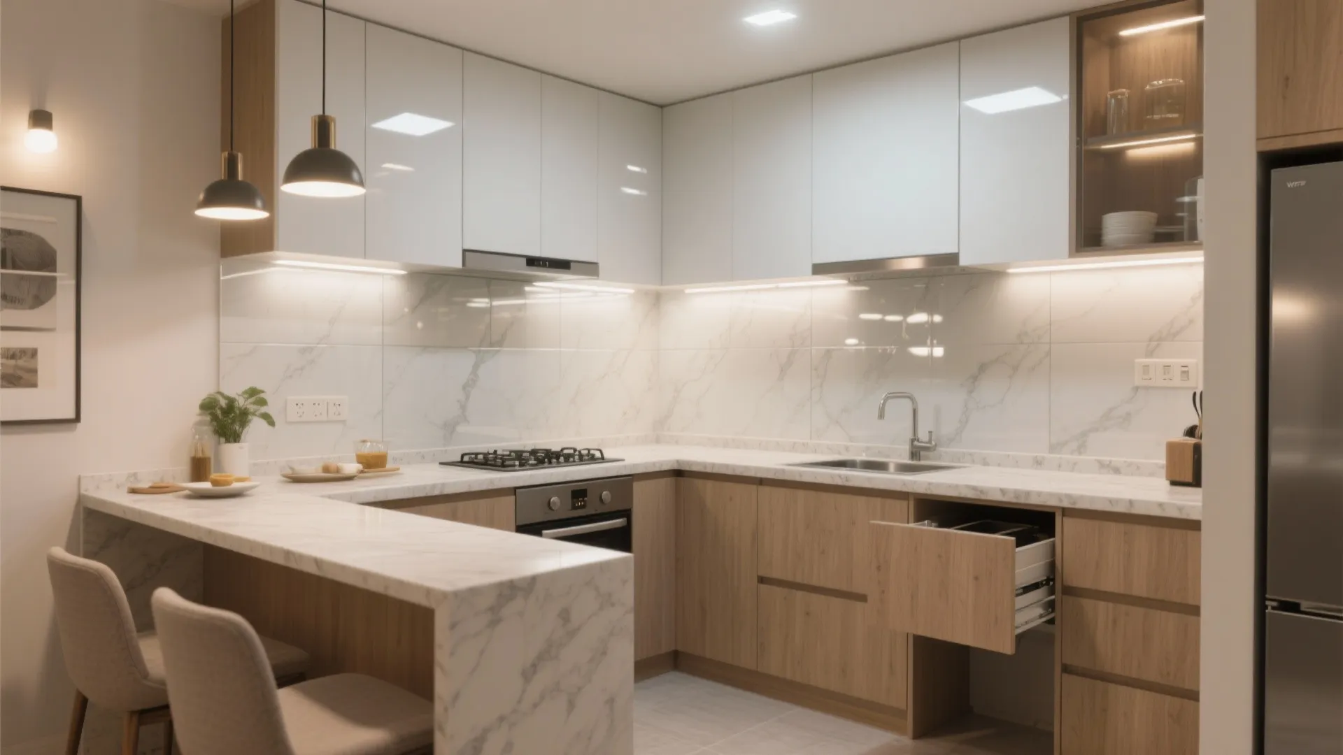 Compact L‑Shaped Kitchen with a Shiny Glass Backsplash