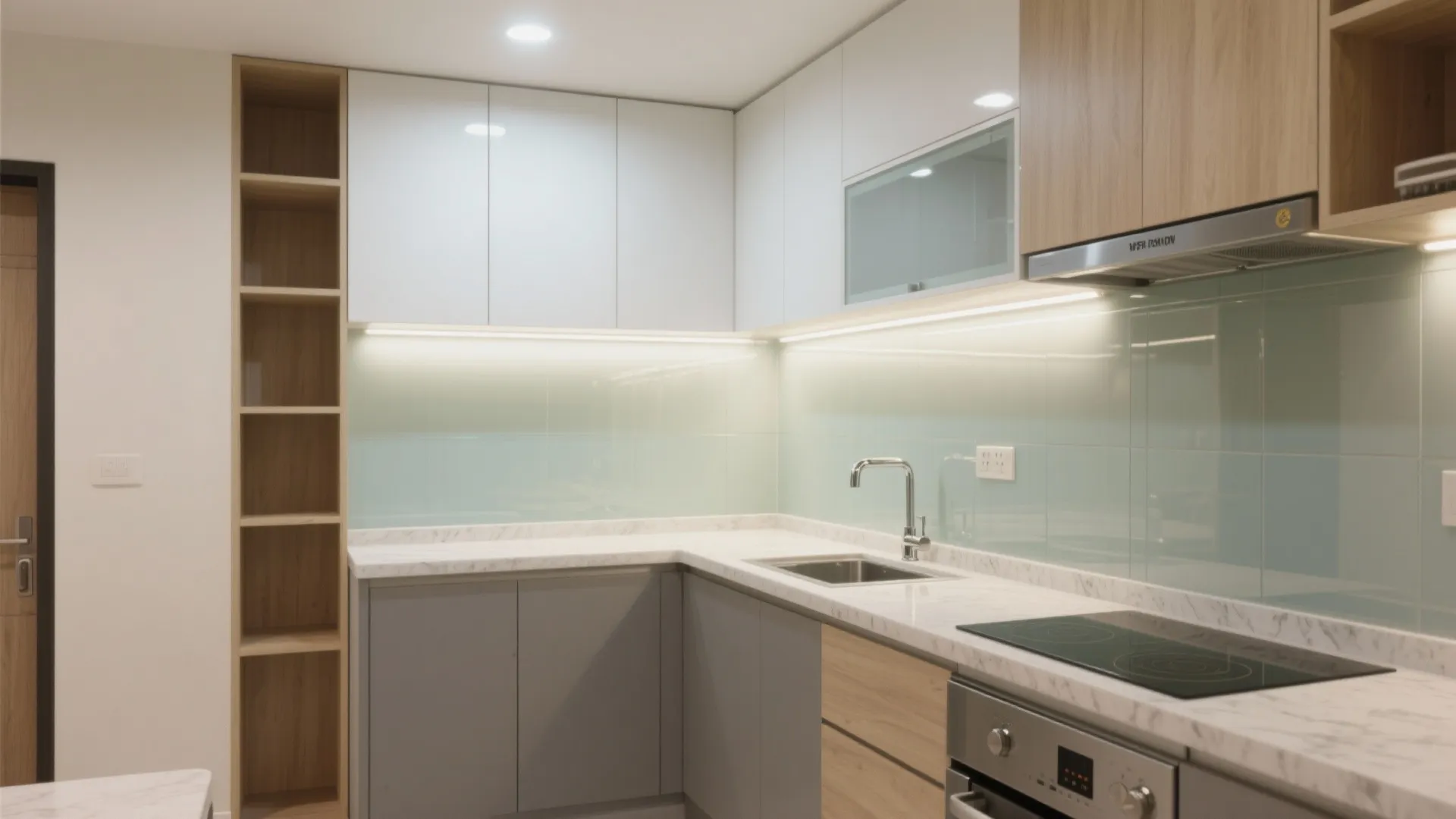 A Compact L-Shaped Kitchen with a Glass Backsplash